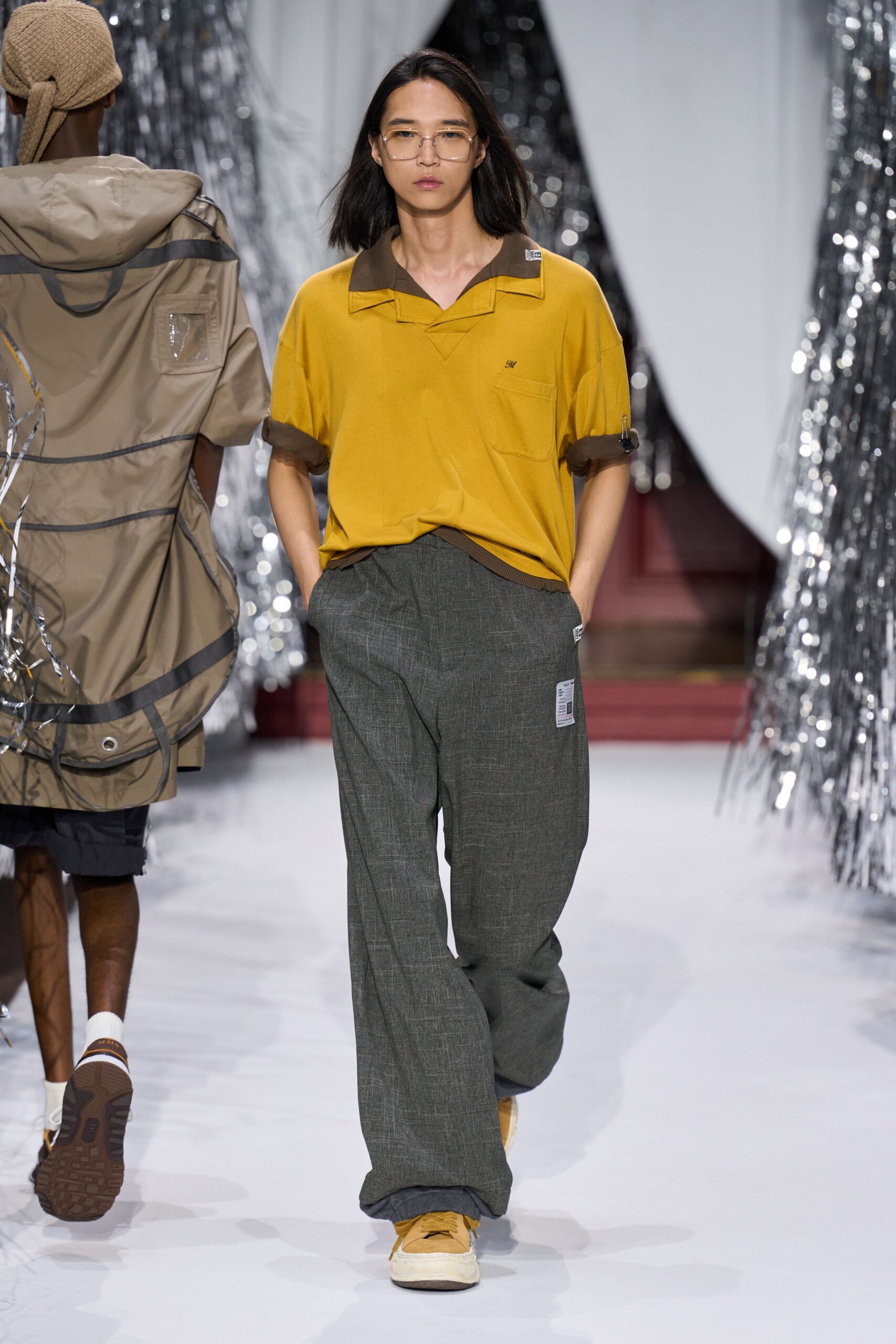 yellow relaxed shirt with gray pants