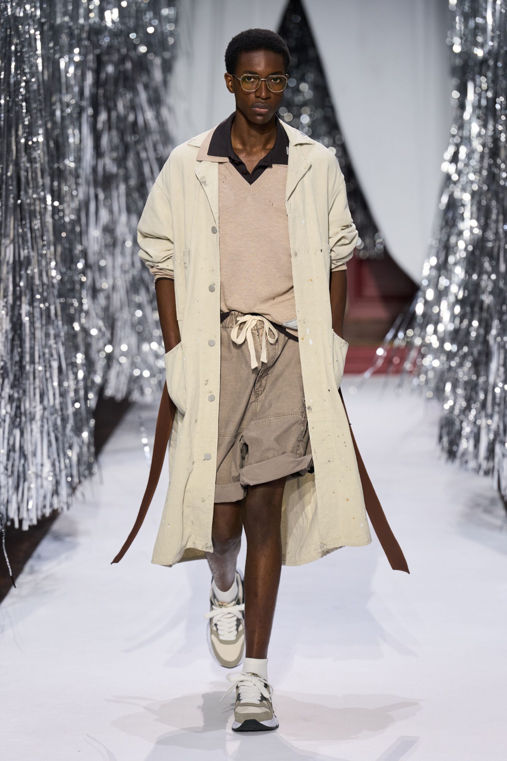 beige coat with brown shorts