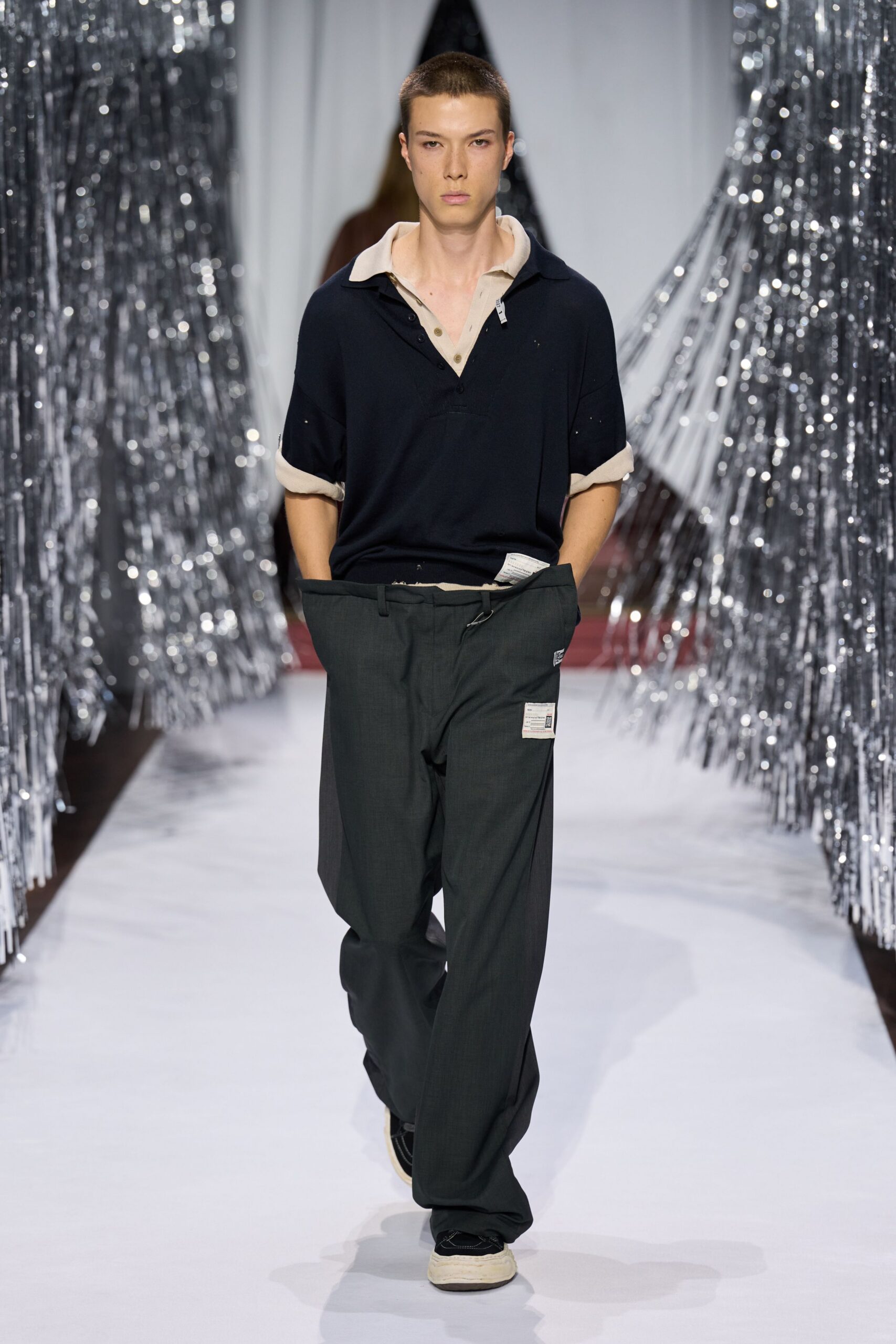 navy shirt gray cargo pants