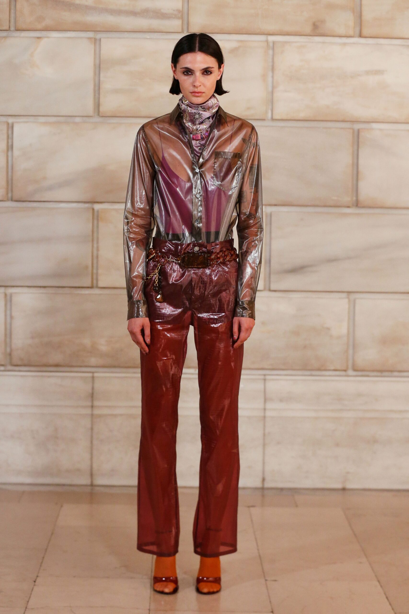multi vinyl long-sleeve collared fitted zippered shiny shirt