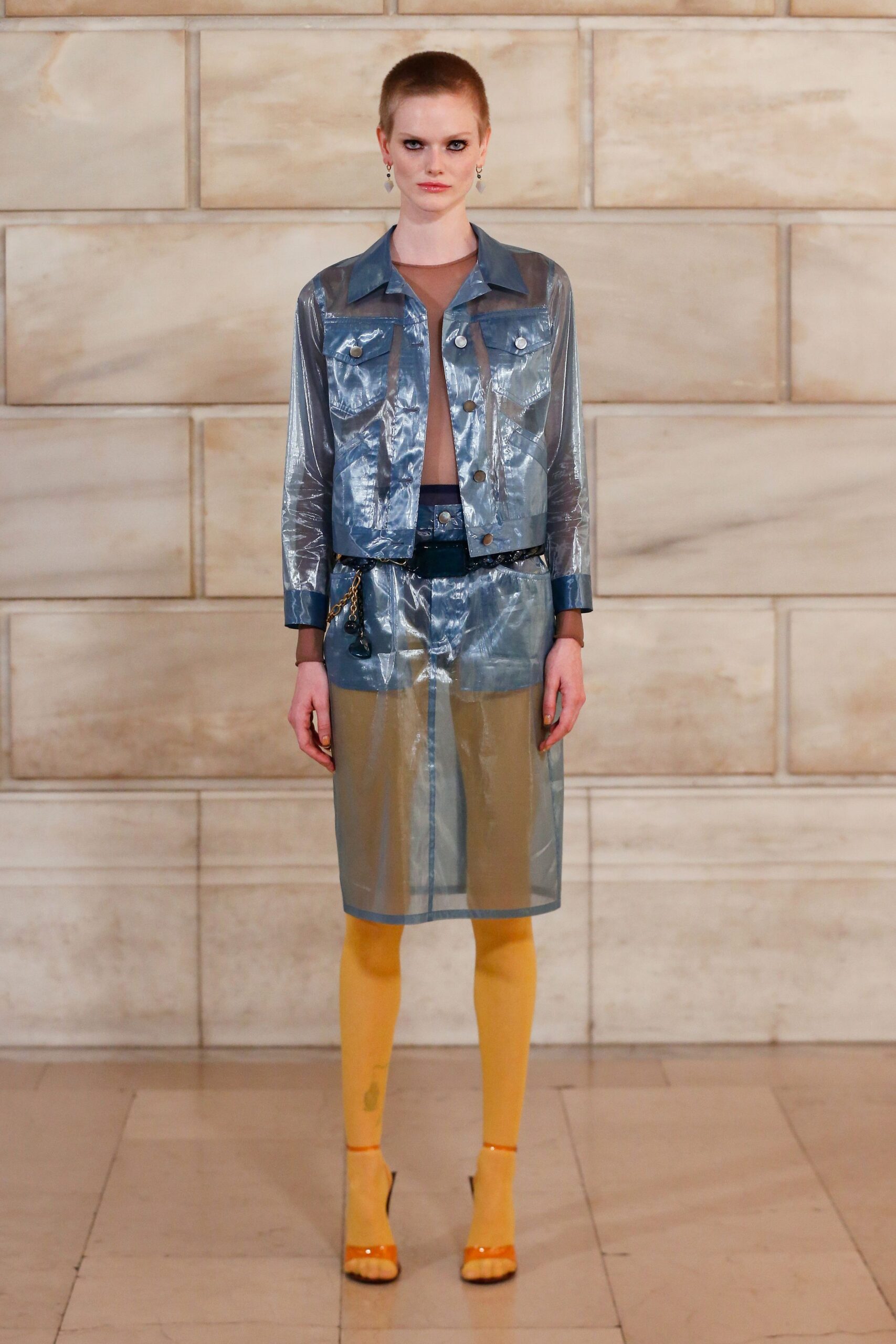 blue vinyl jacket and skirt