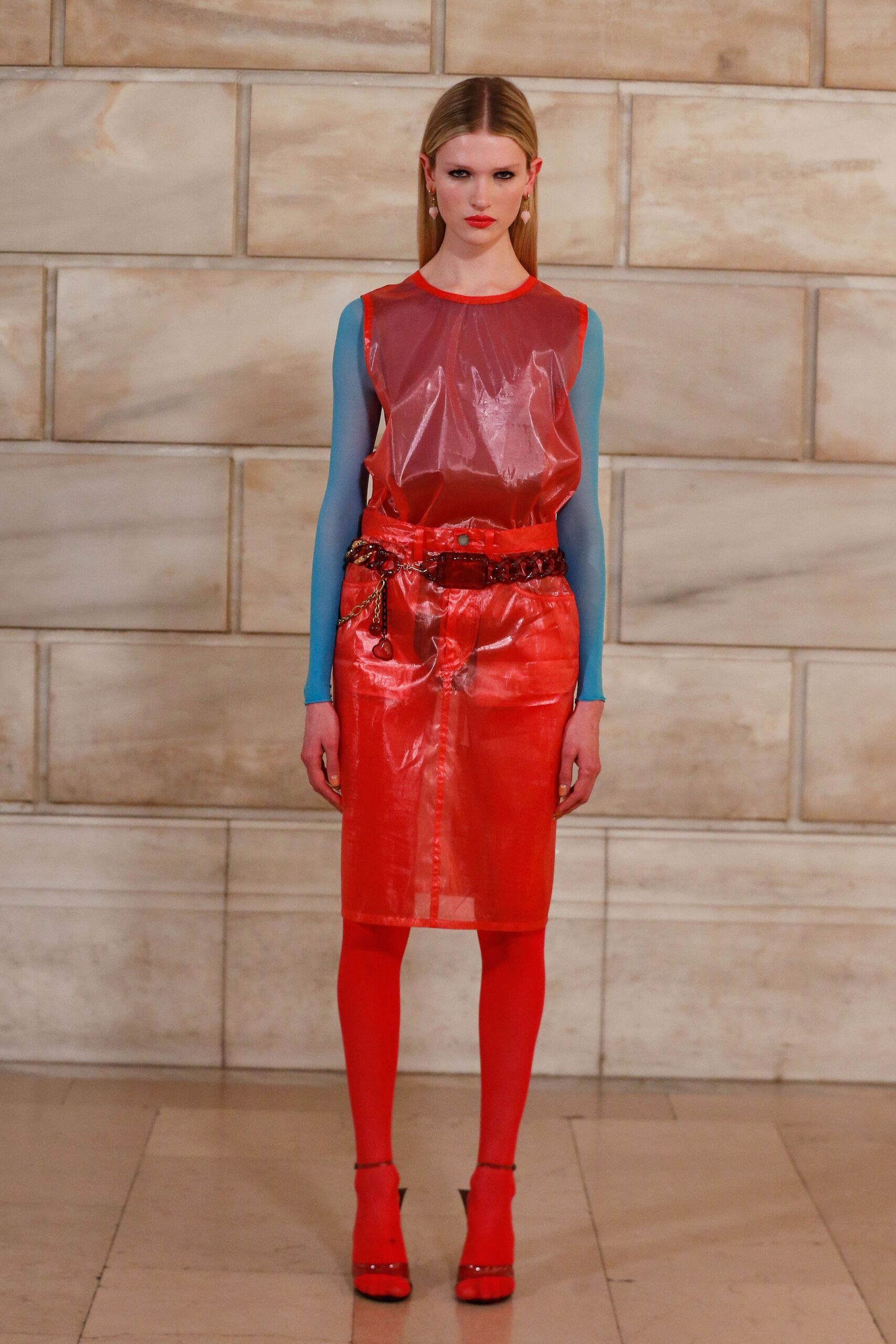red vinyl long-sleeve high-neck fitted layered shiny top