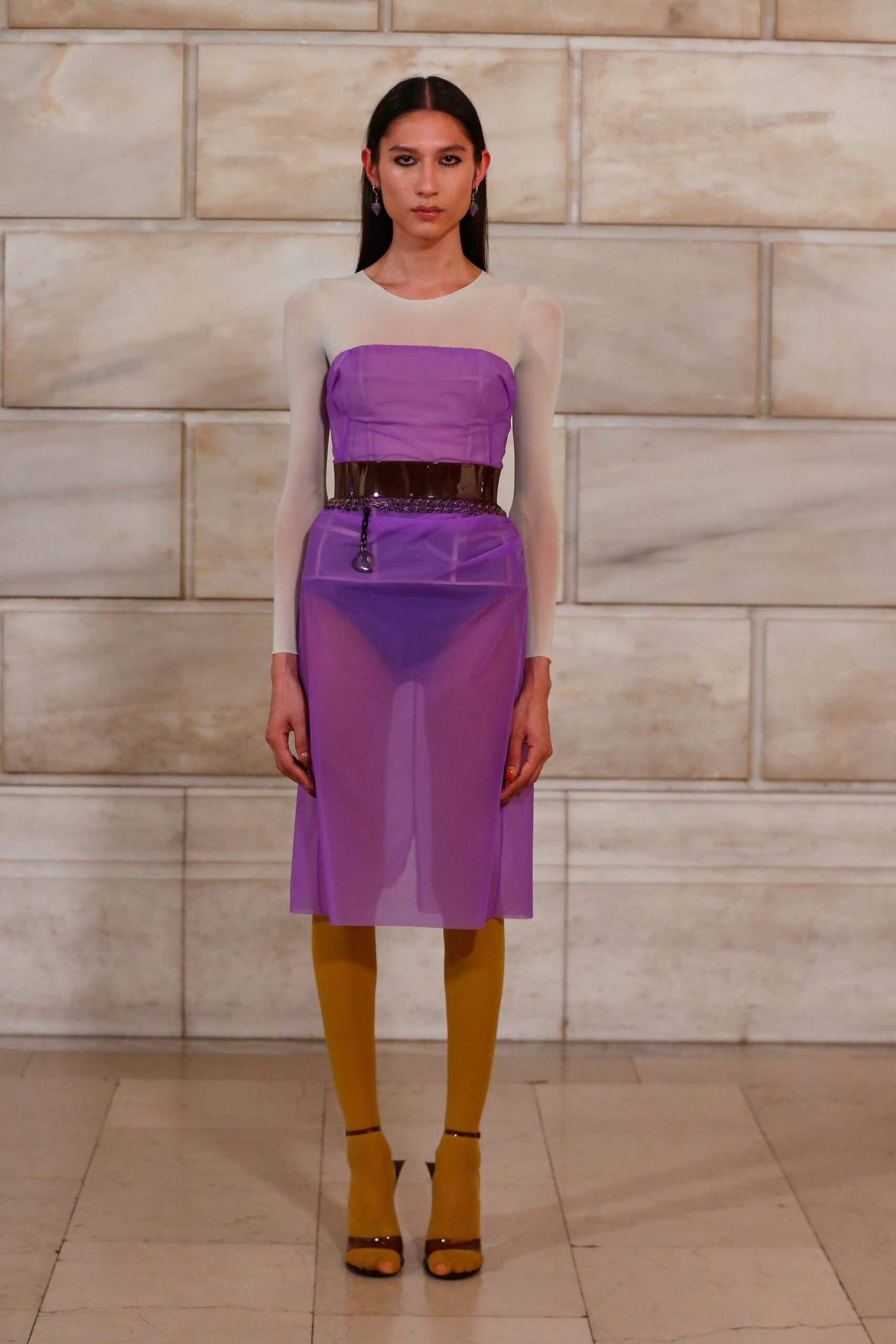 purple silk sleeveless v-neck fitted layered sheer dress