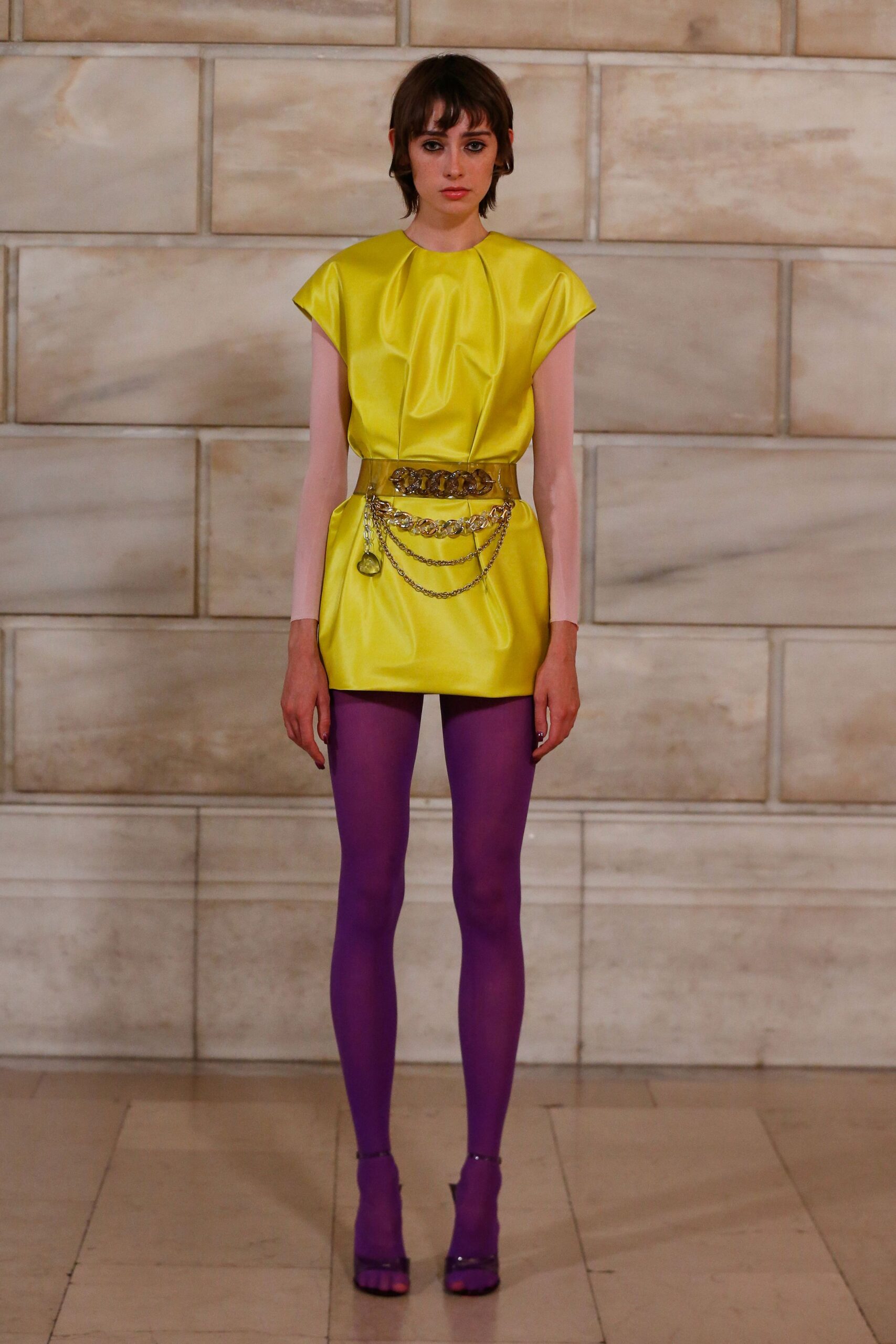 yellow silk sleeveless high-neck fitted draped mini dress