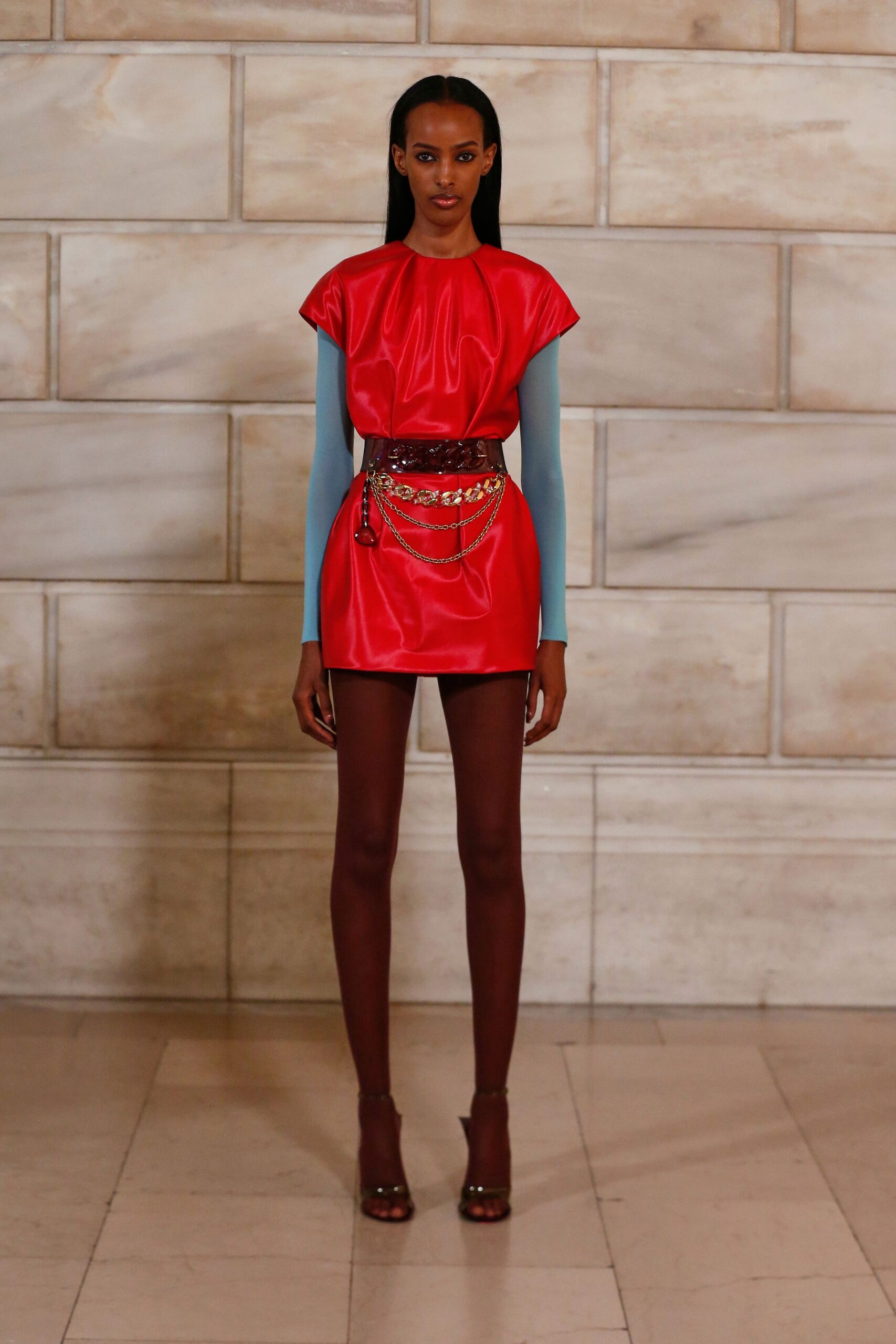 red leather mini dress with blue top