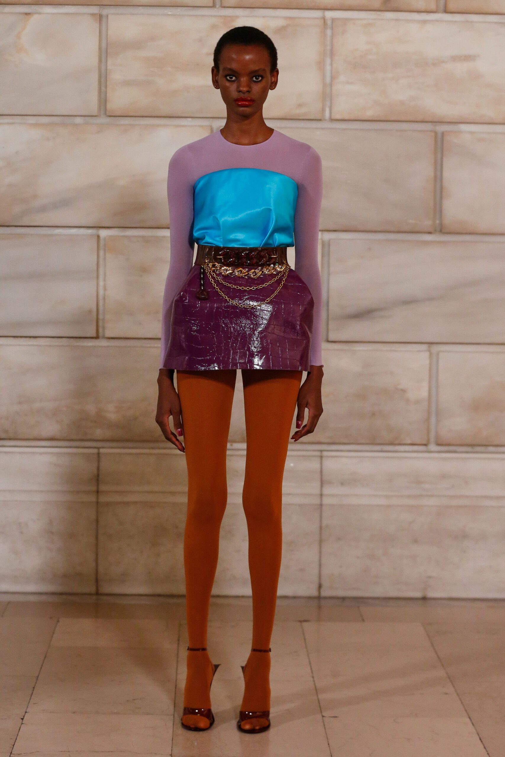 blue purple fitted top and skirt
