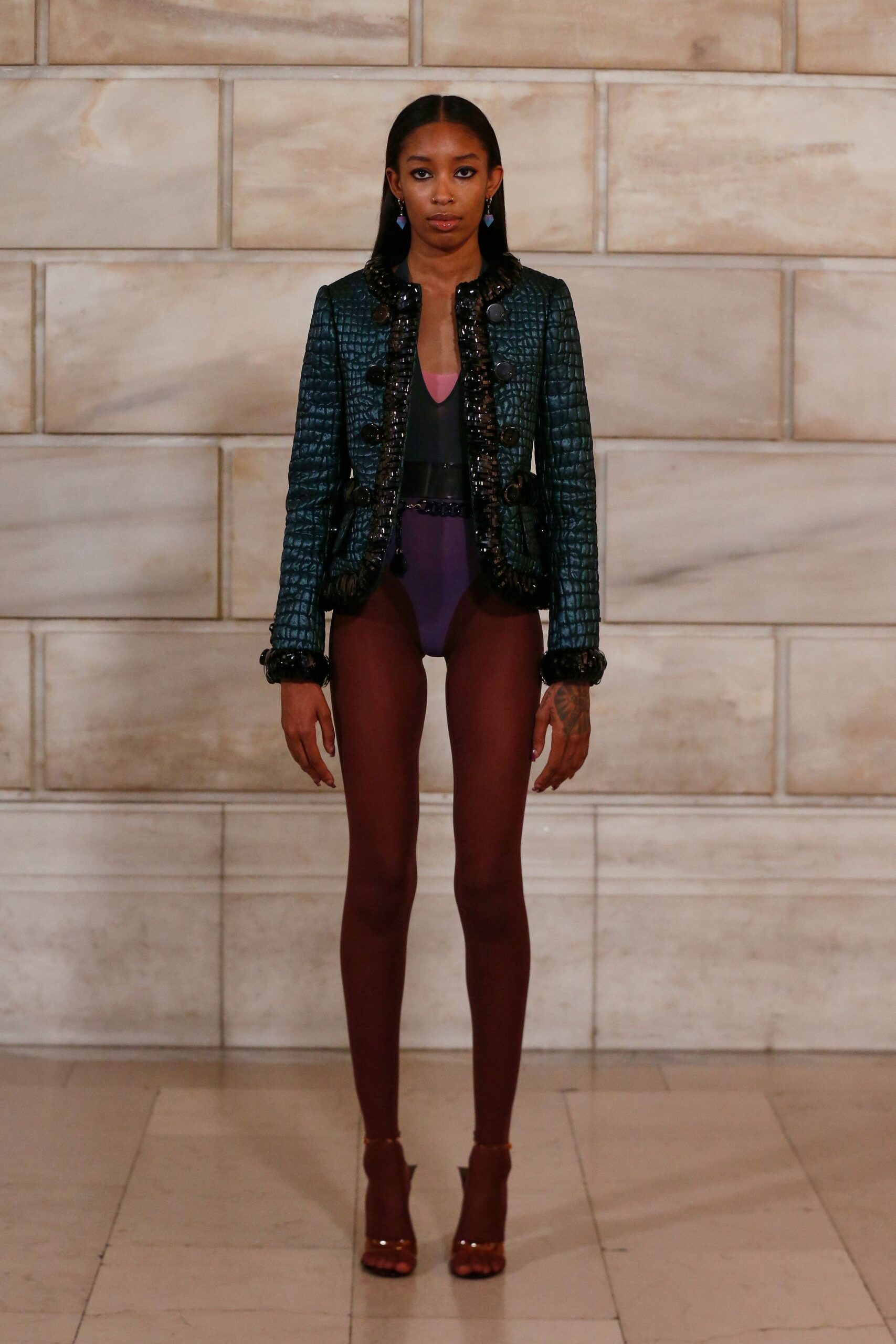 blue silk fitted jacket with bodysuit