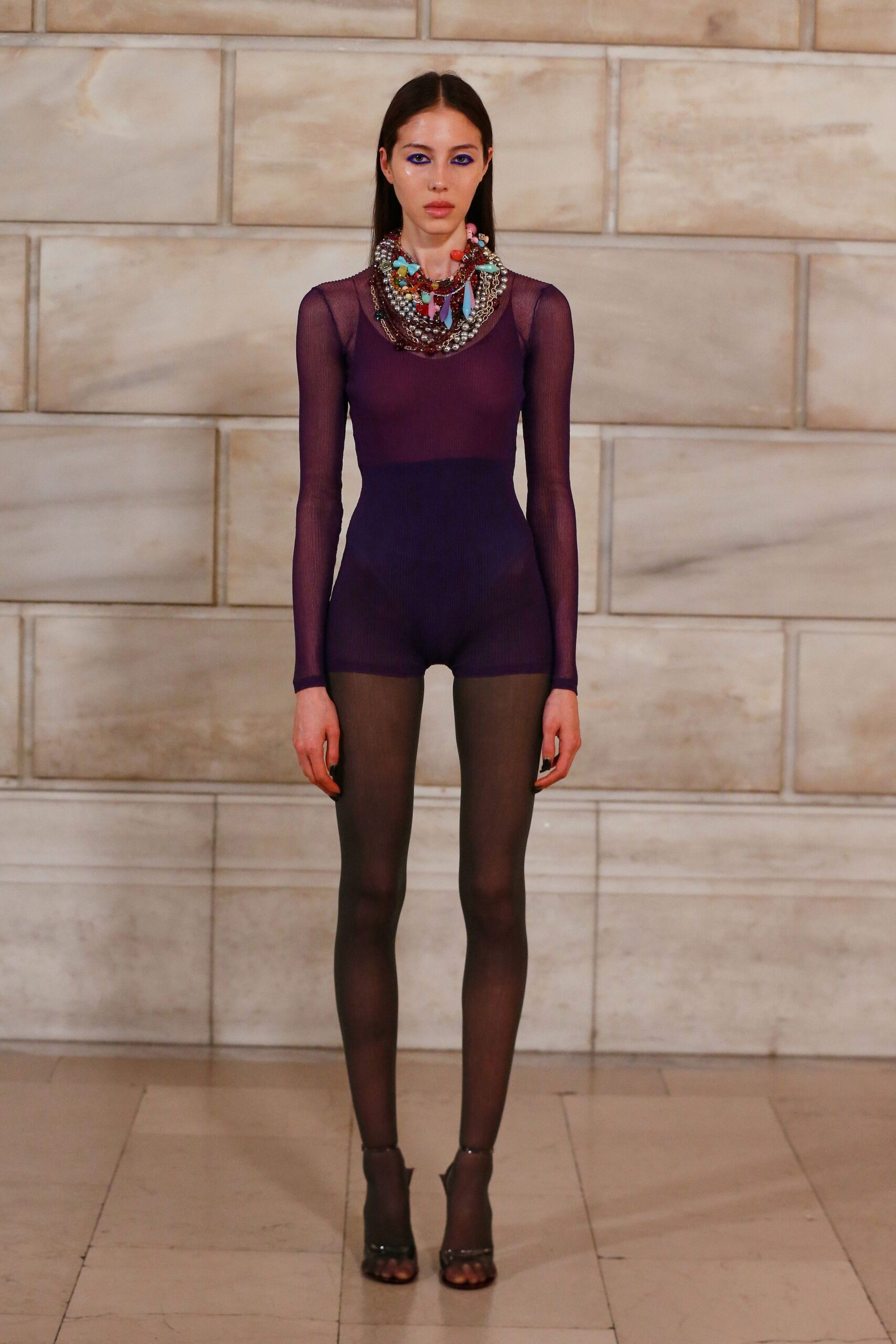 purple mesh long-sleeve high-neck fitted sheer bodysuit