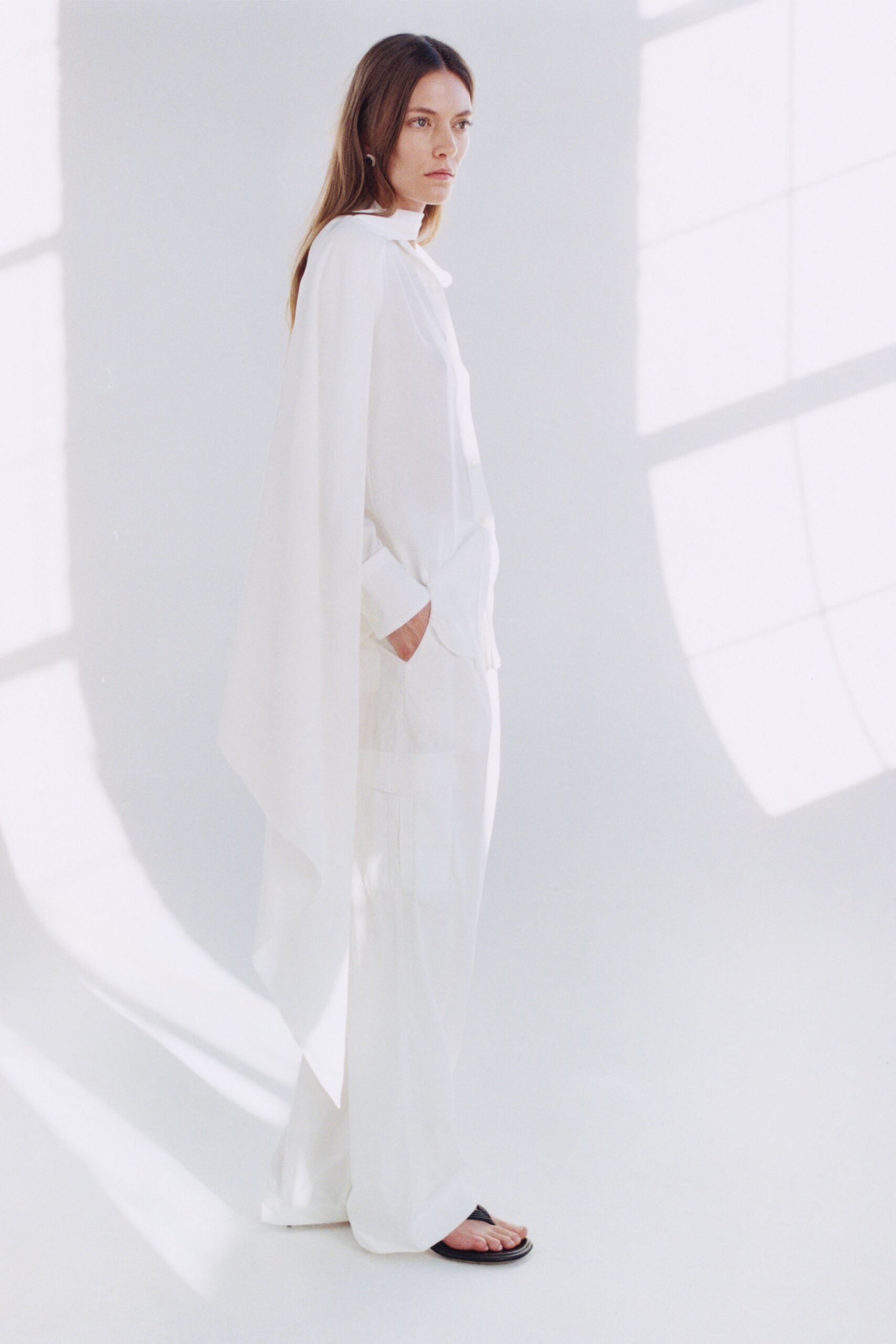white cotton long-sleeve collared relaxed layered shirt