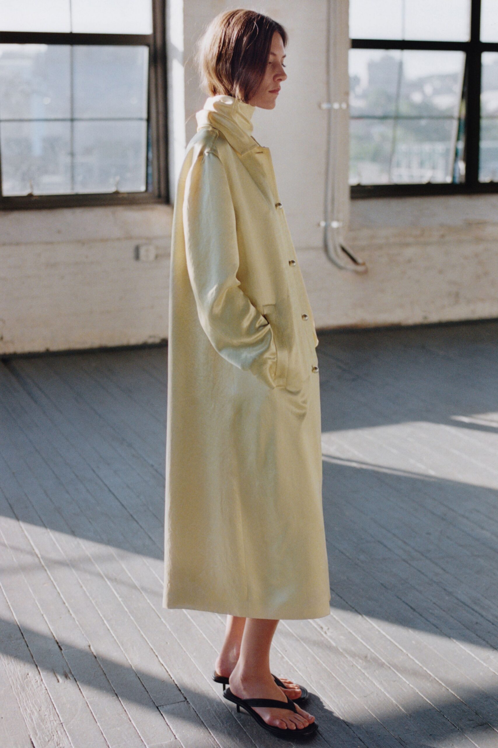 yellow silk long-sleeve collared relaxed buttoned pockets coat