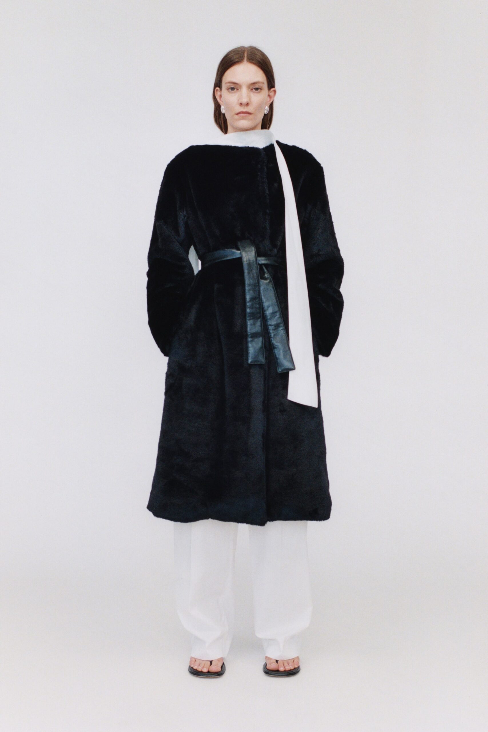 black faux-fur long-sleeve collared relaxed belted coat
