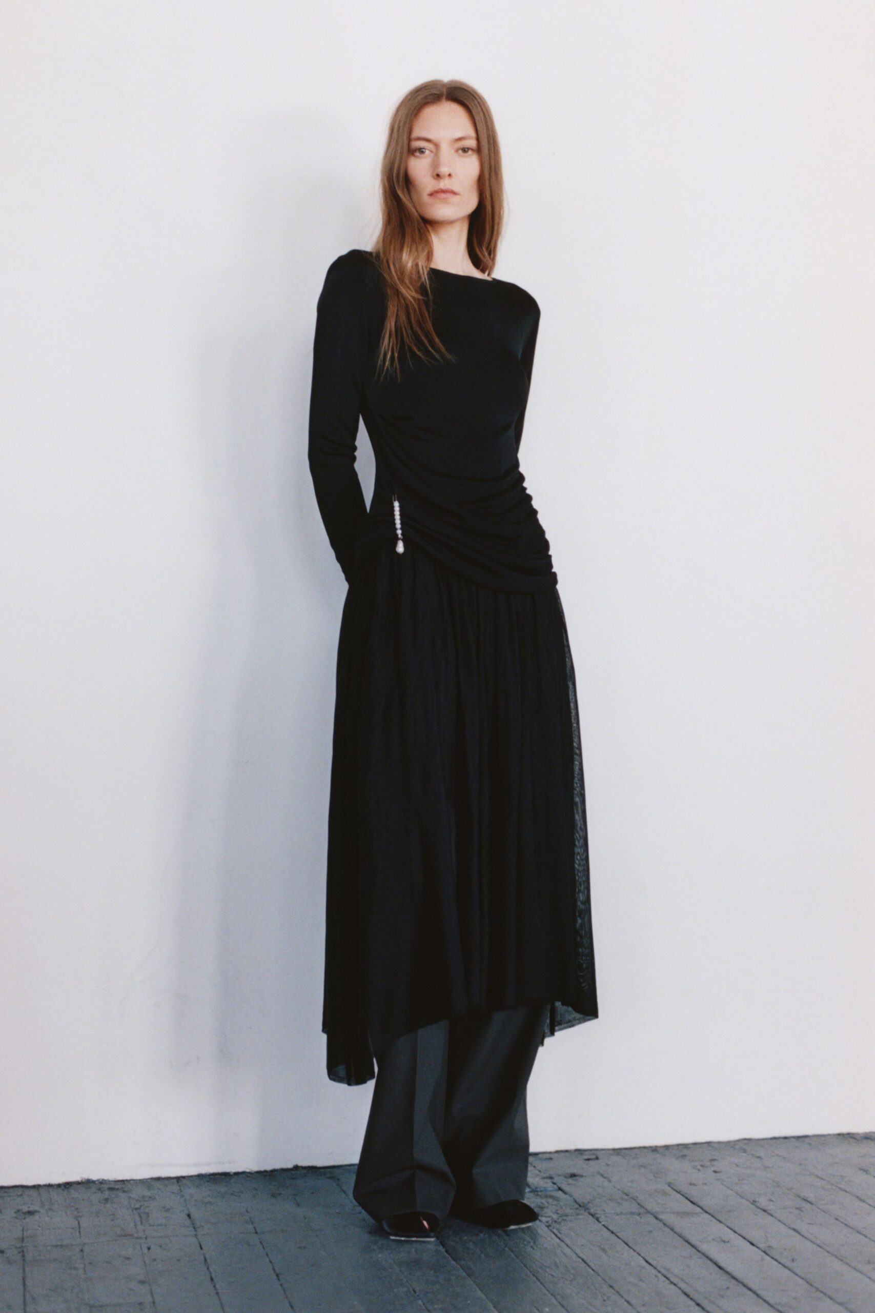 black silk long-sleeve v-neck fitted draped flowing dress