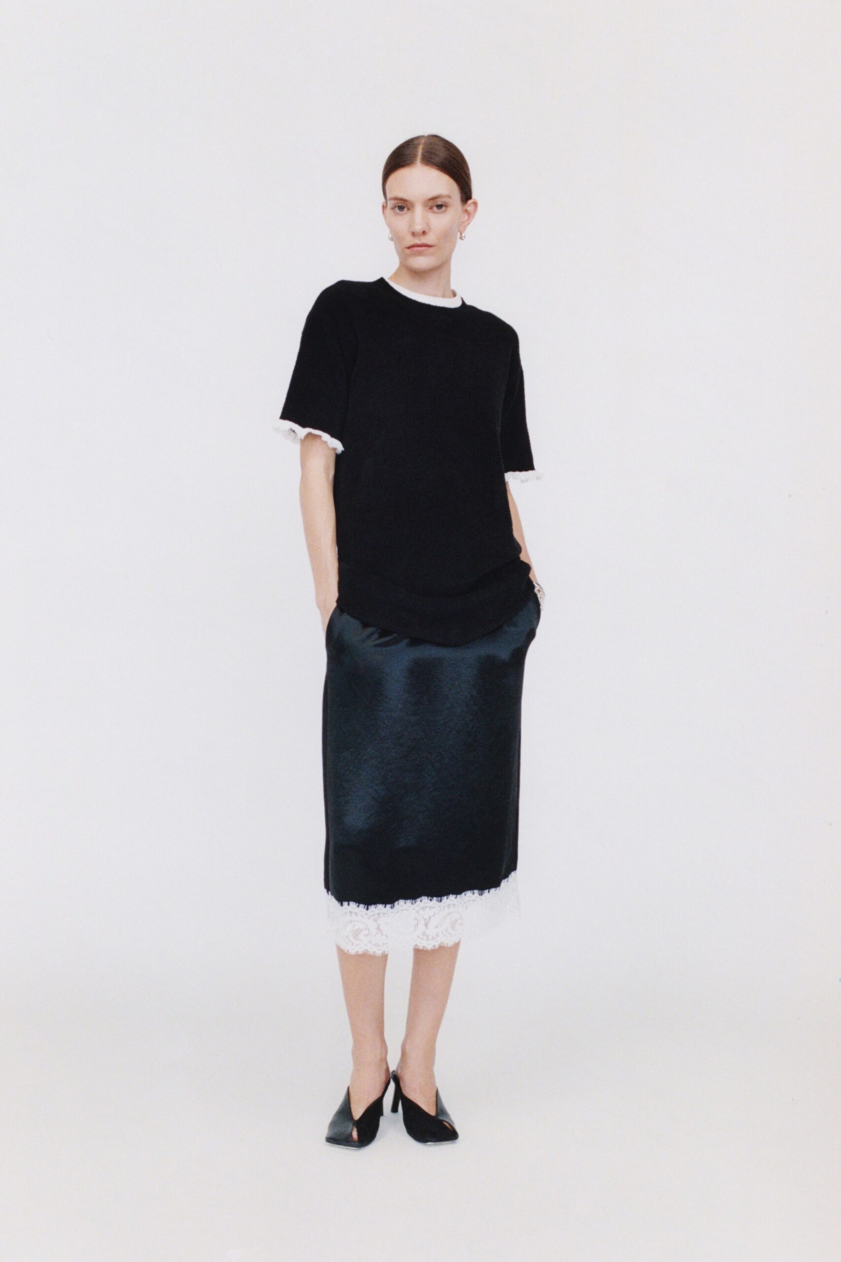 black silk slit fitted straight-leg shiny midi skirt