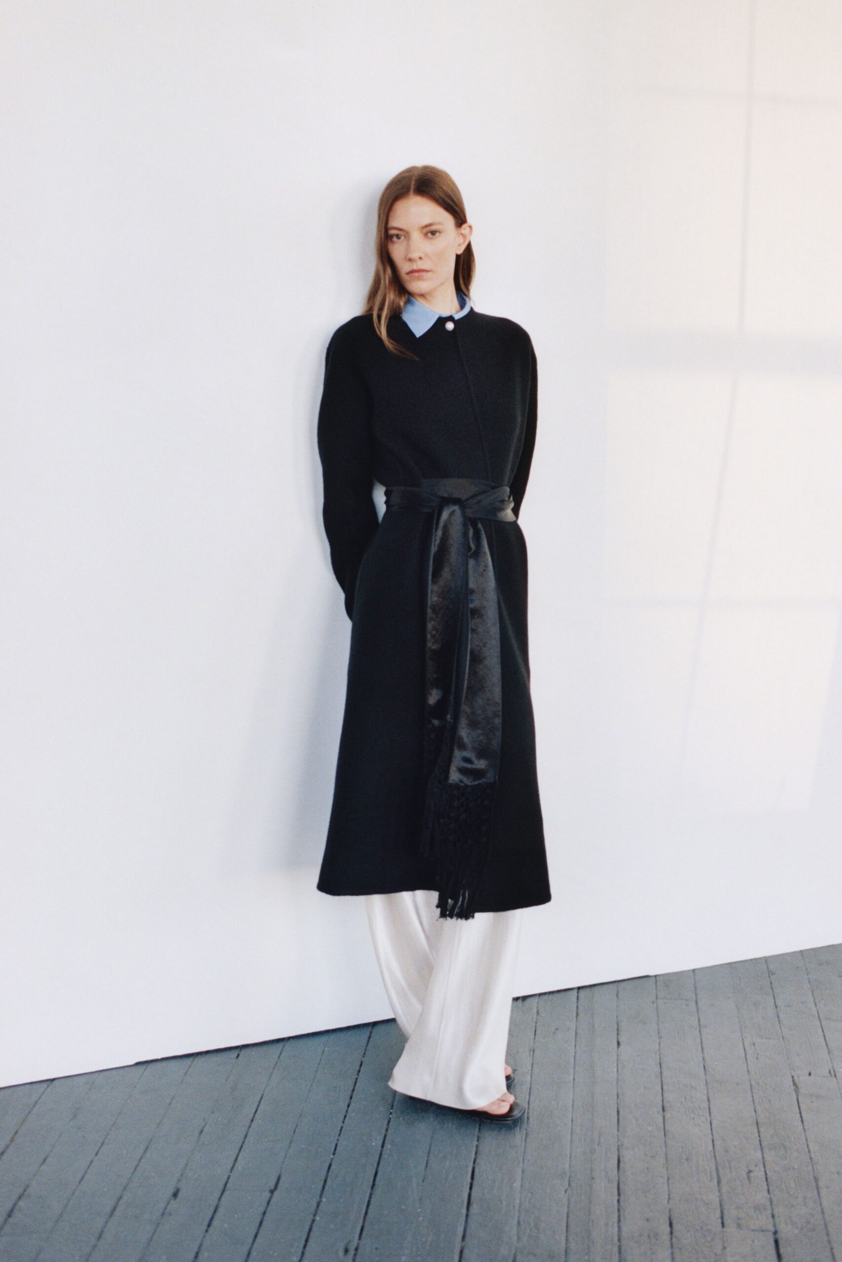 black wool long-sleeve collared fitted belted maxi dress