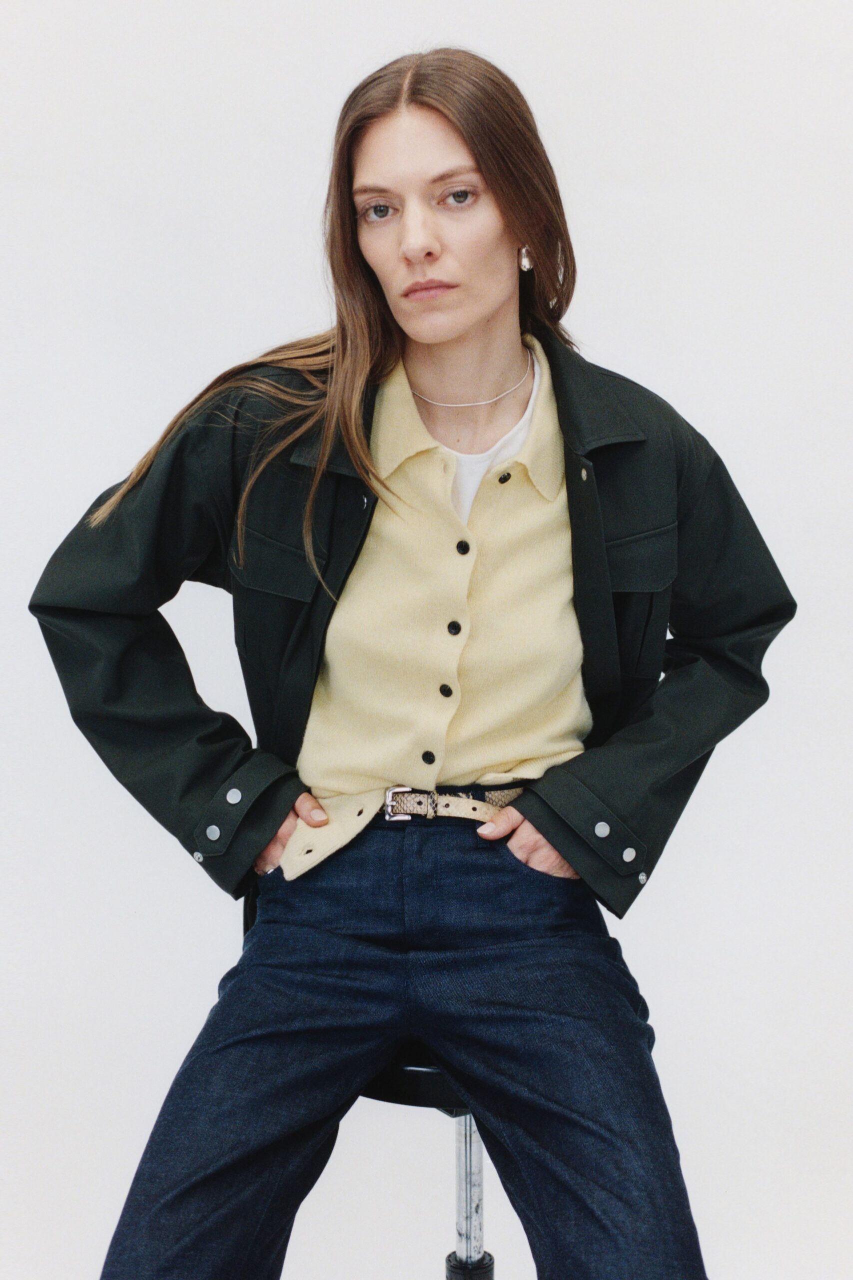 black cotton long-sleeve collared relaxed jacket