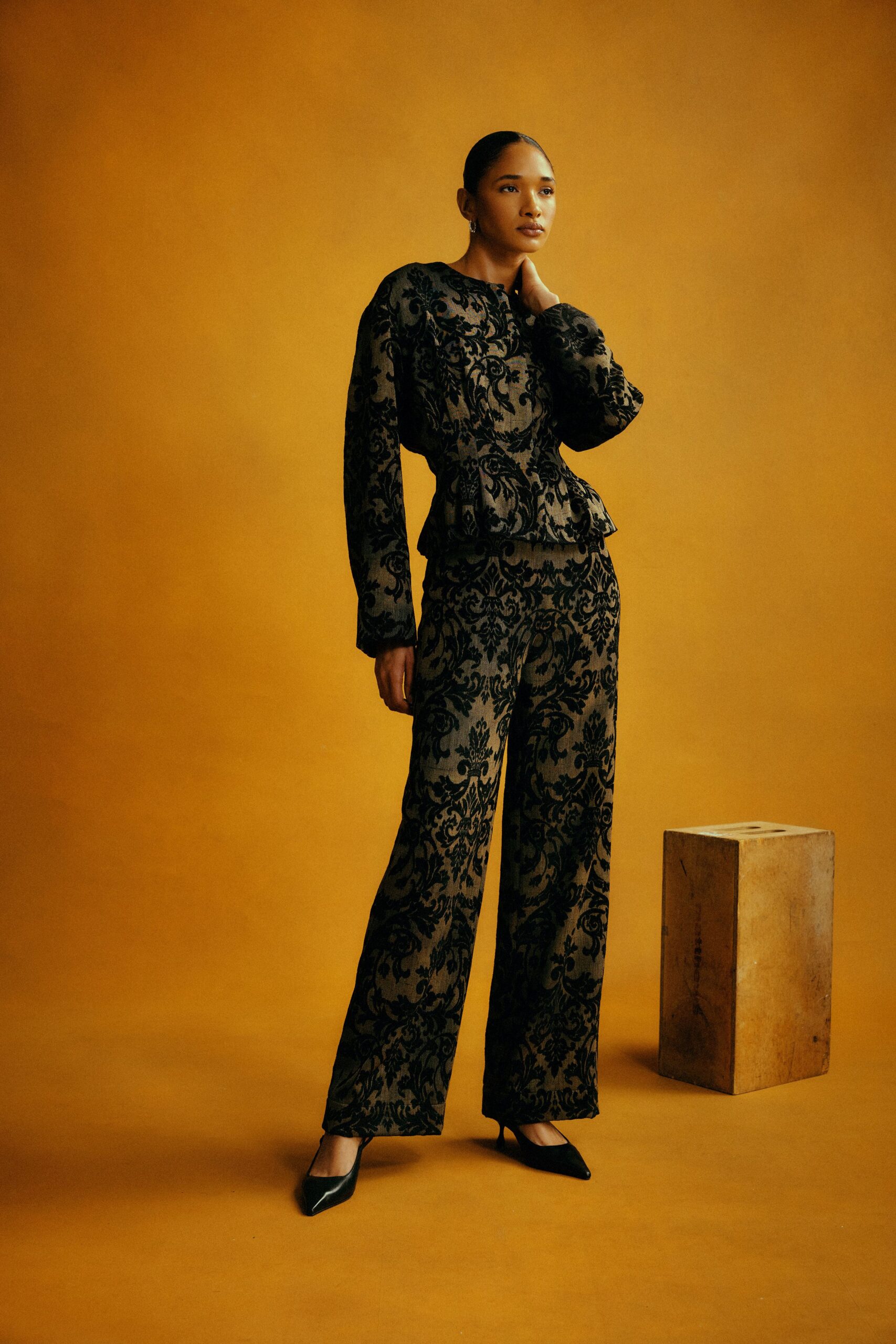 black velvet fitted embroidered straight-leg pants