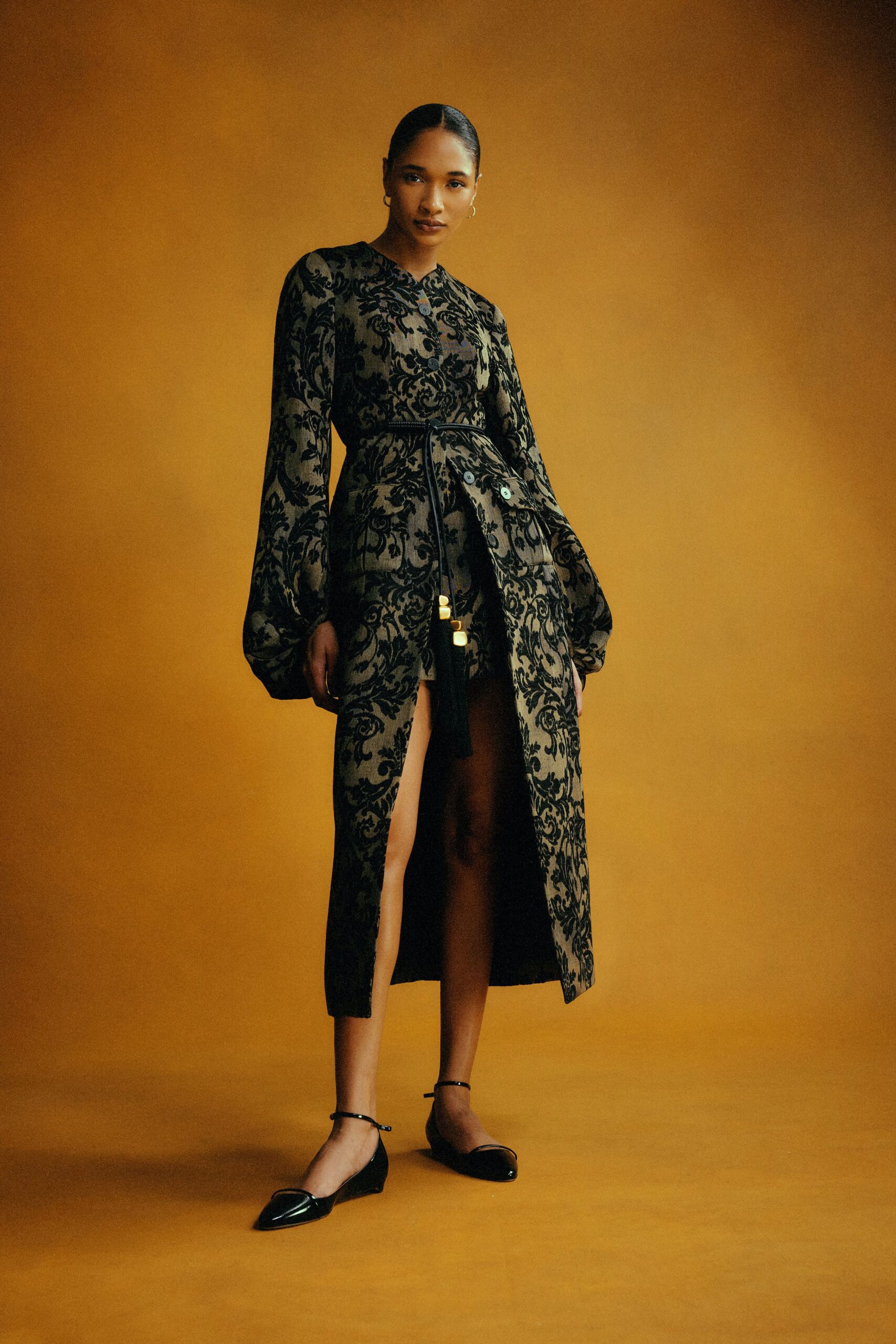 black silk long-sleeve collared fitted embroidered belted dress