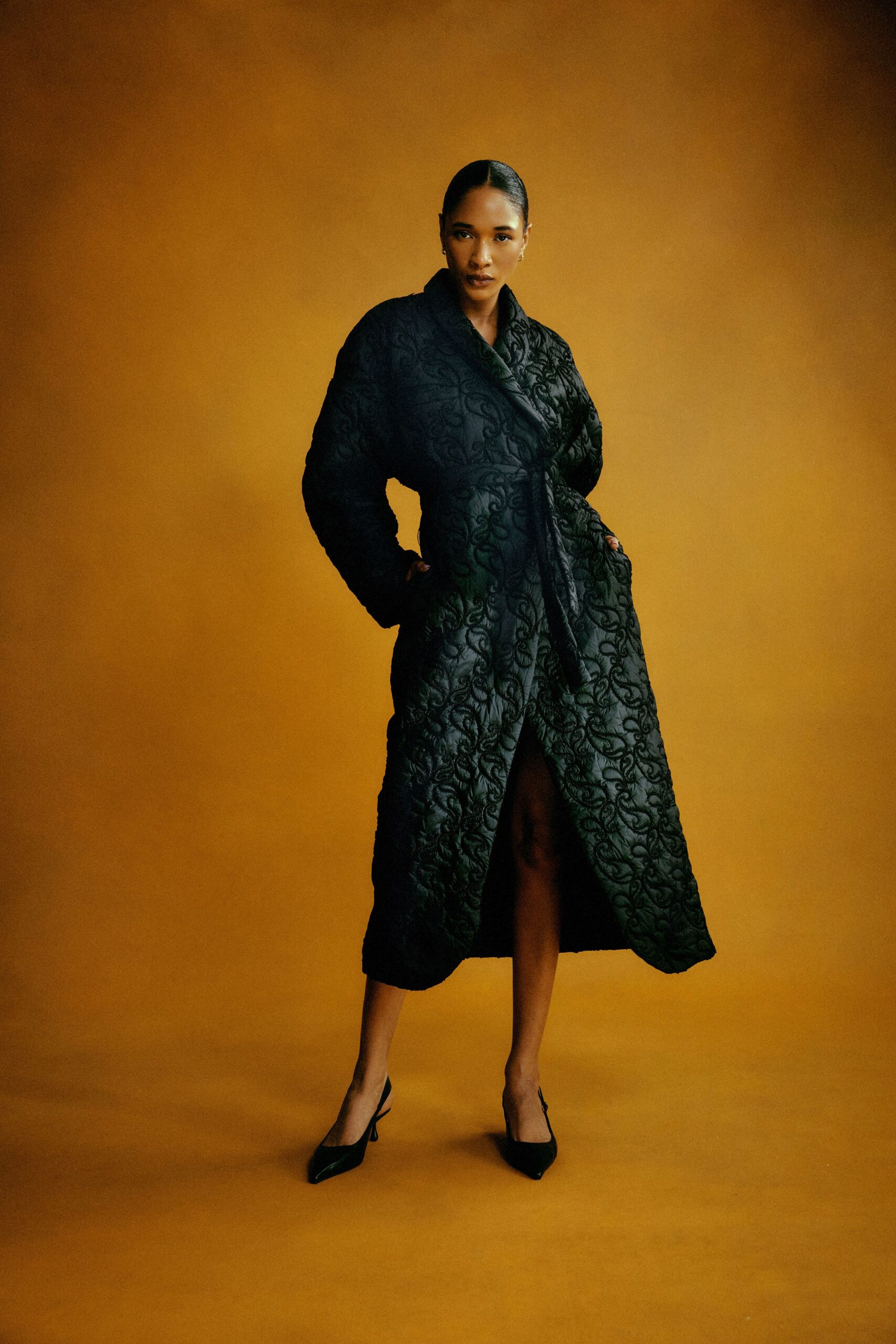 black silk long-sleeve collared fitted embroidered belted coat