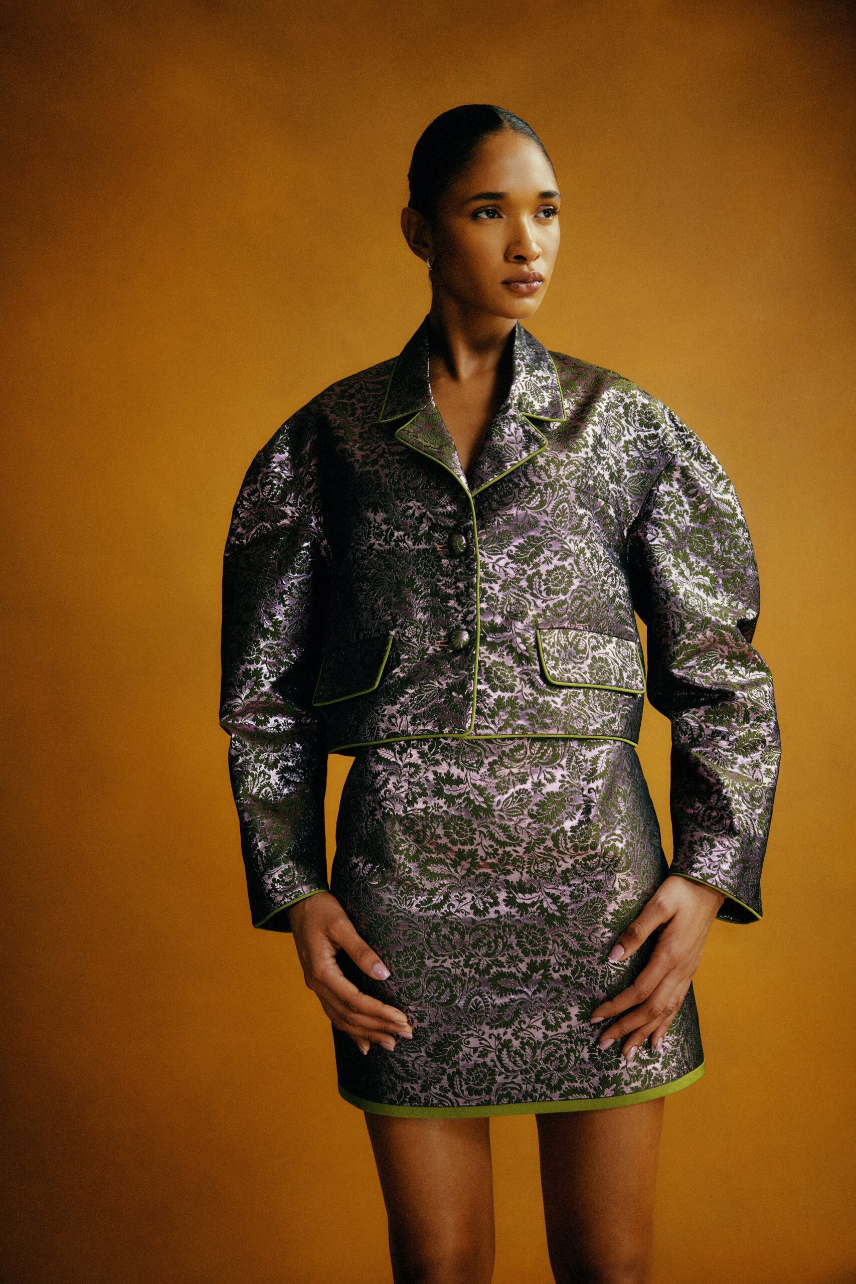 purple silk long-sleeve collared structured embroidered shiny jacket
