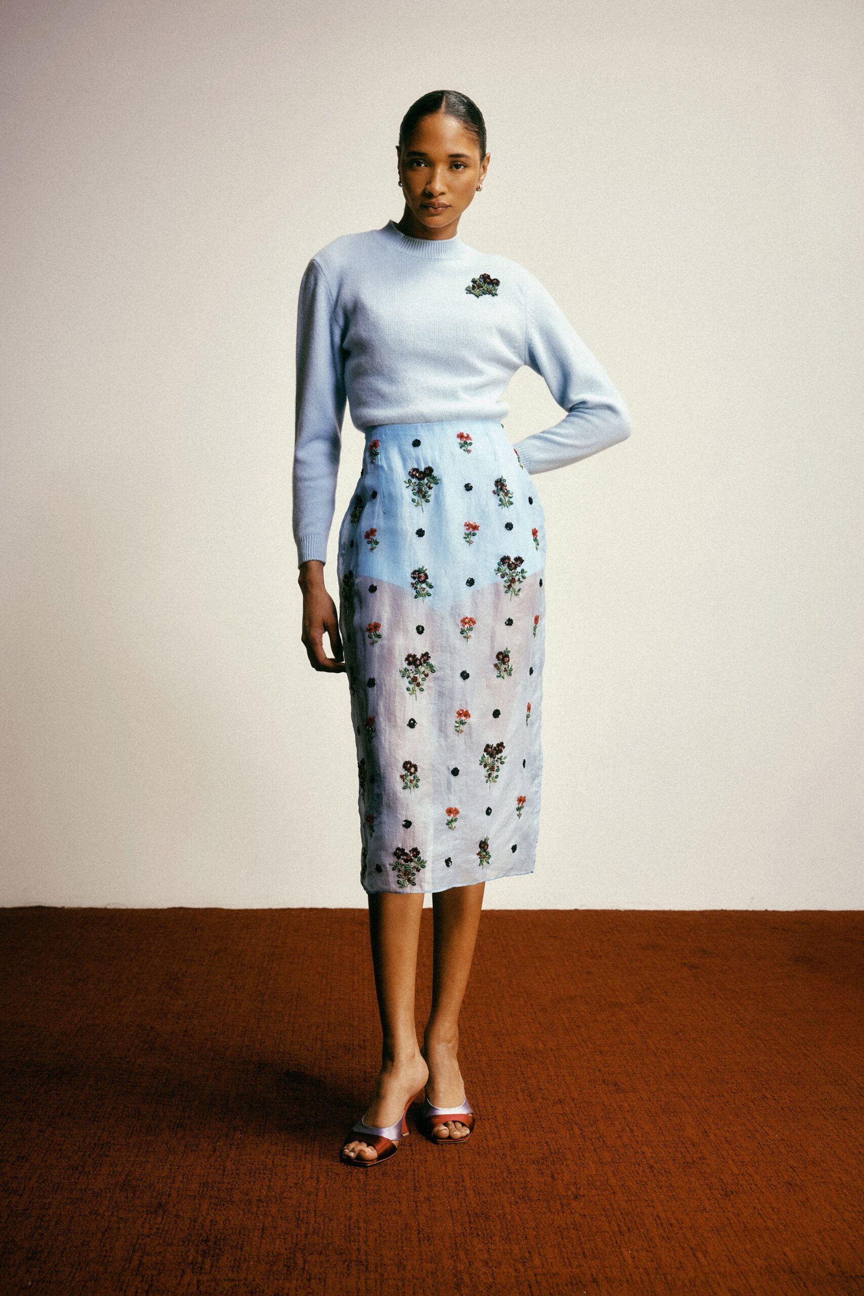 blue cotton long-sleeve high-neck fitted embroidered top