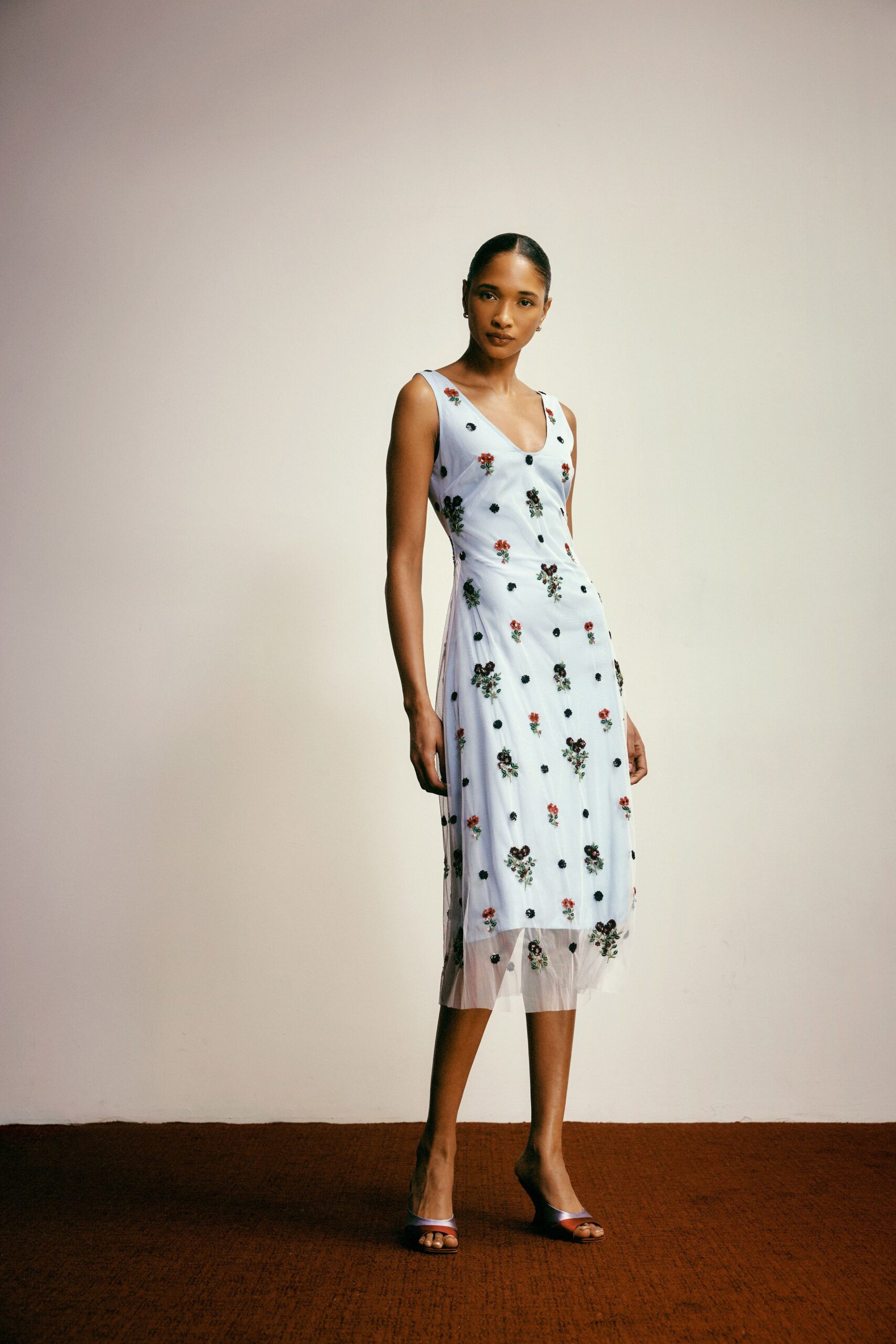 blue silk sleeveless v-neck fitted embroidered tiered dress