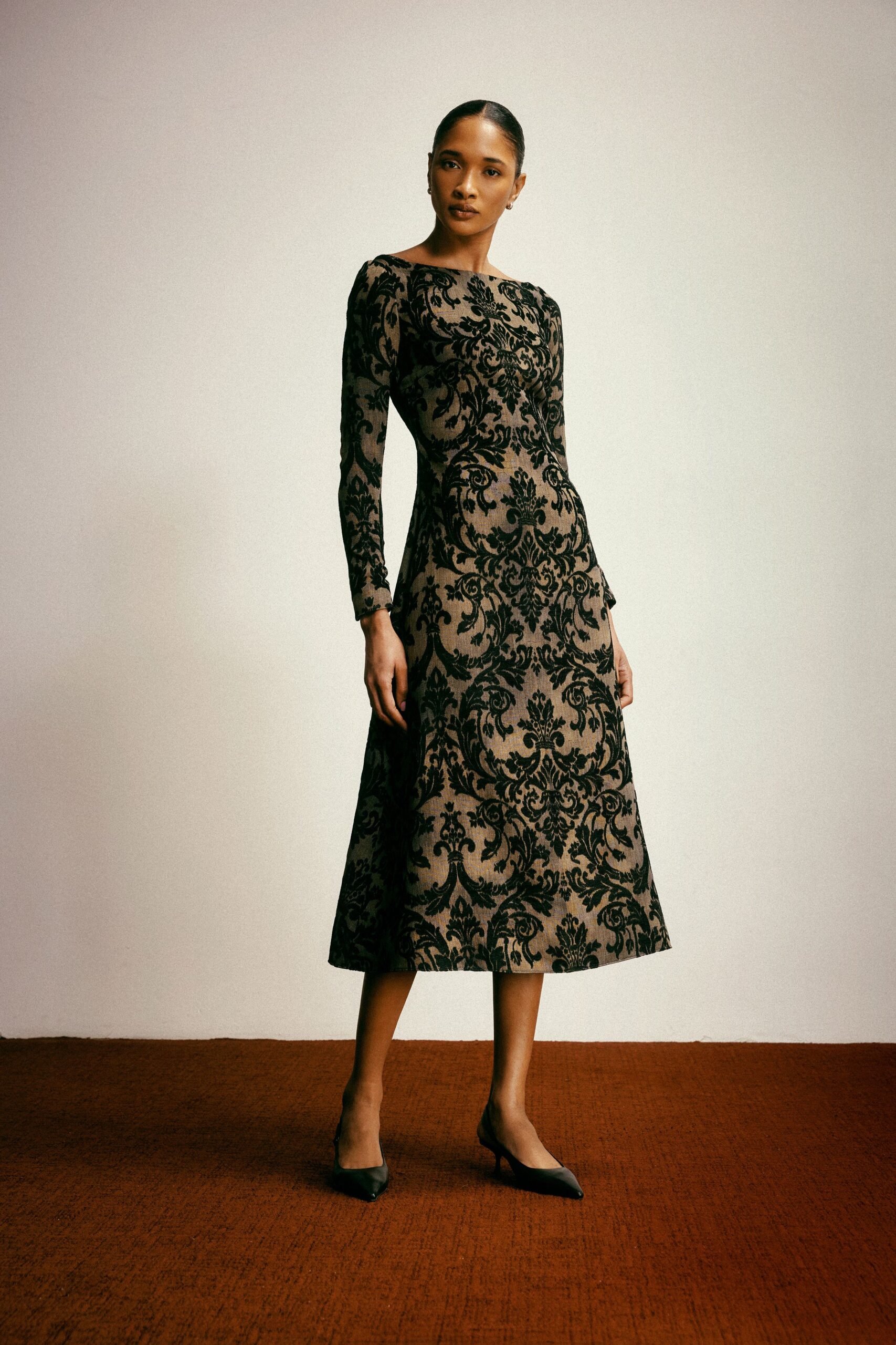 black silk long-sleeve high-neck fitted embroidered a-line dress
