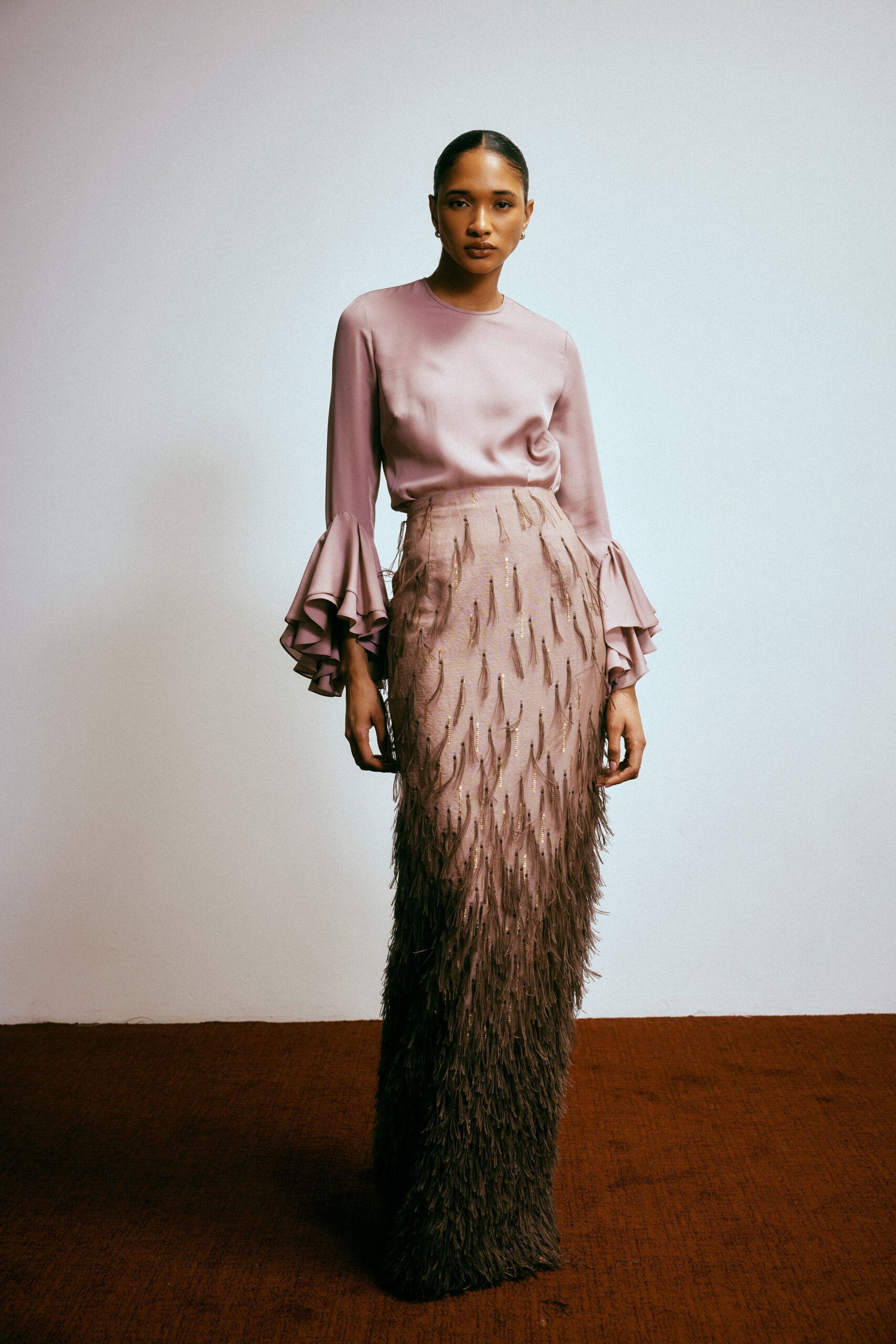 beige silk fitted tiered maxi skirt