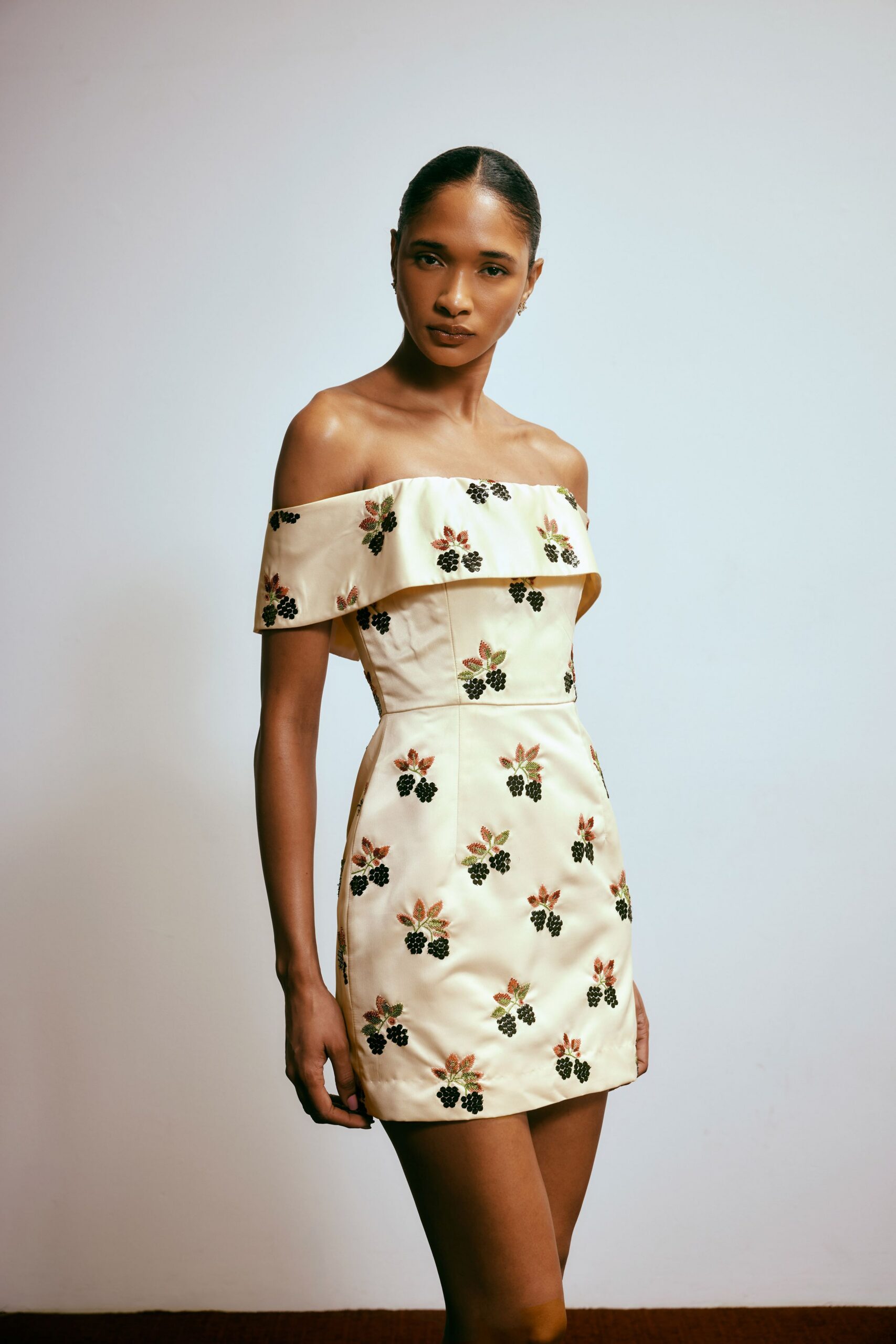yellow embroidered off-shoulder mini-dress