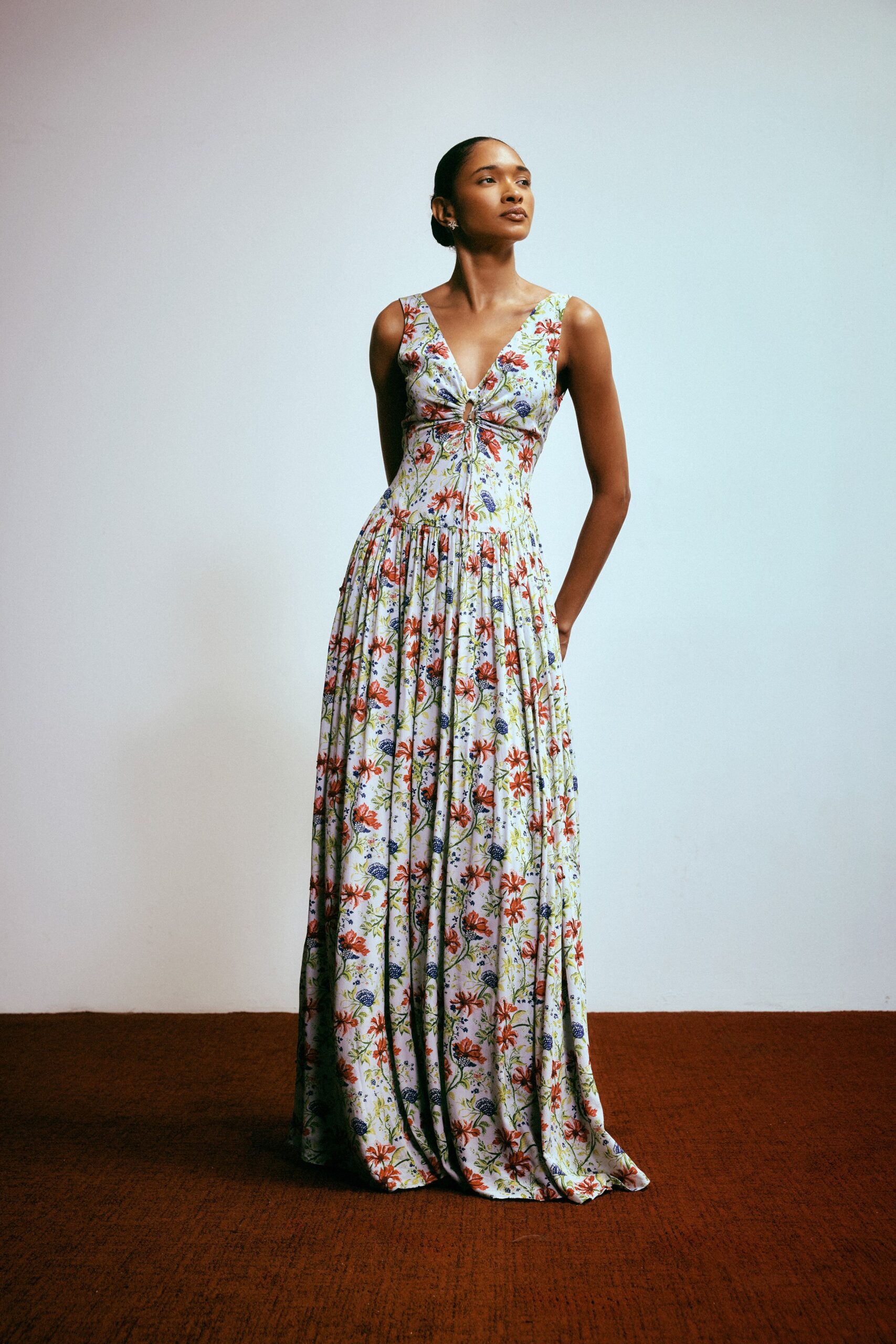 multi-colored floral maxi gown