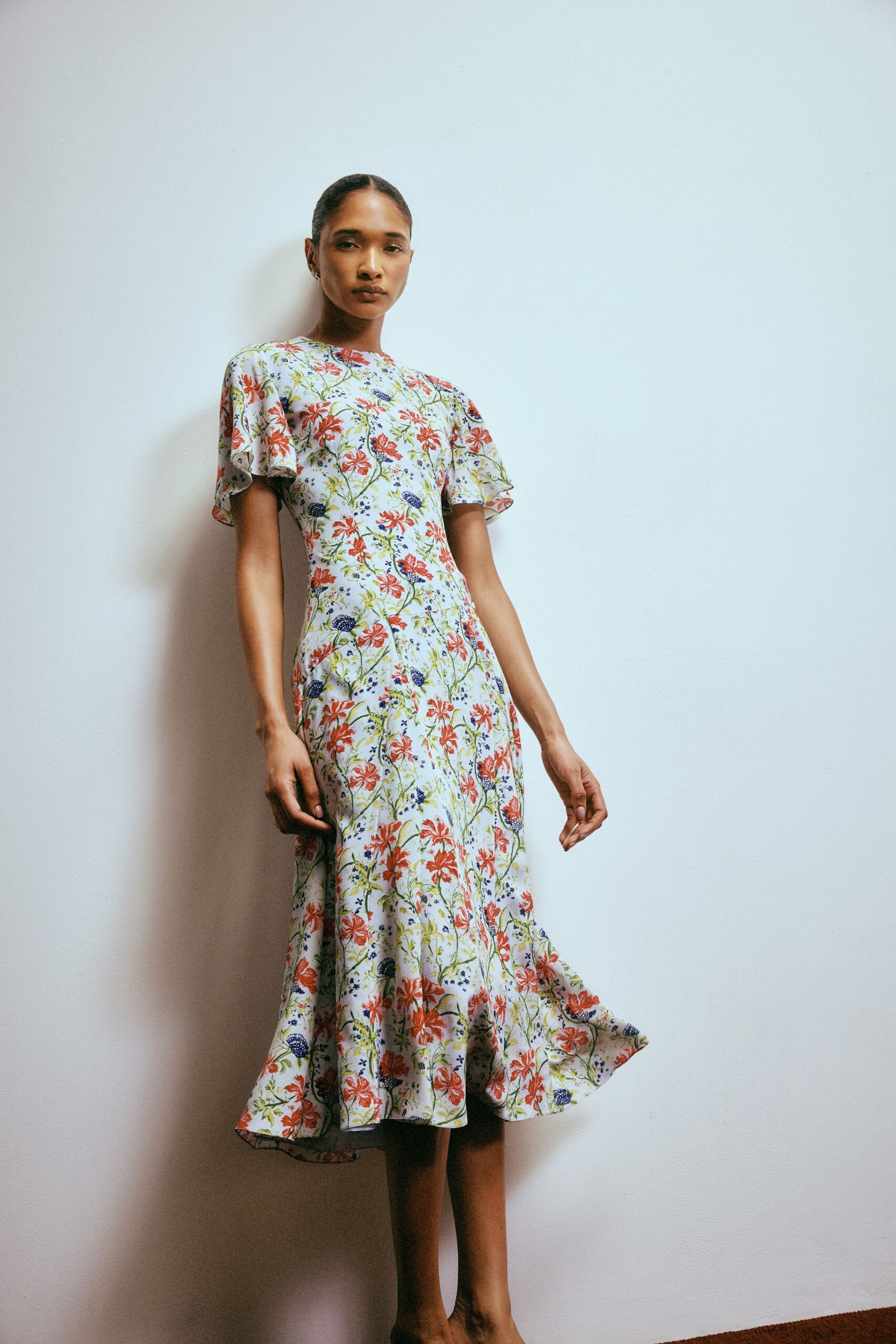 multi floral fitted midi dress