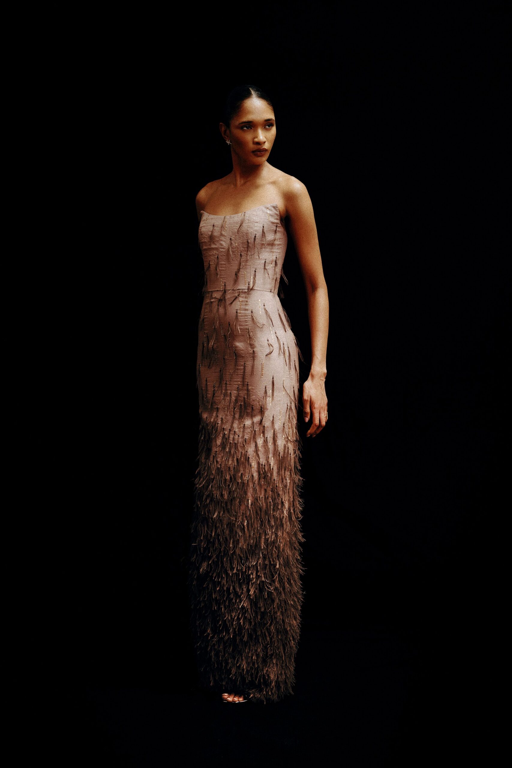 brown beige strapless fringed gown