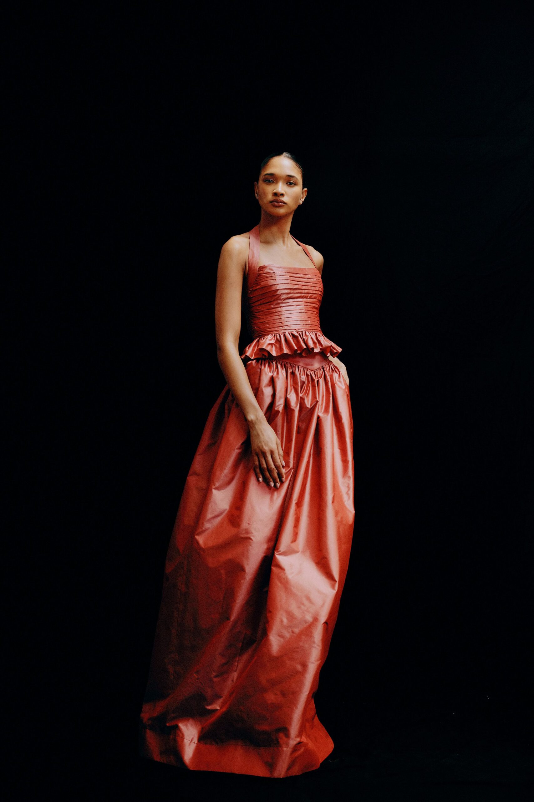 red silk halter gown