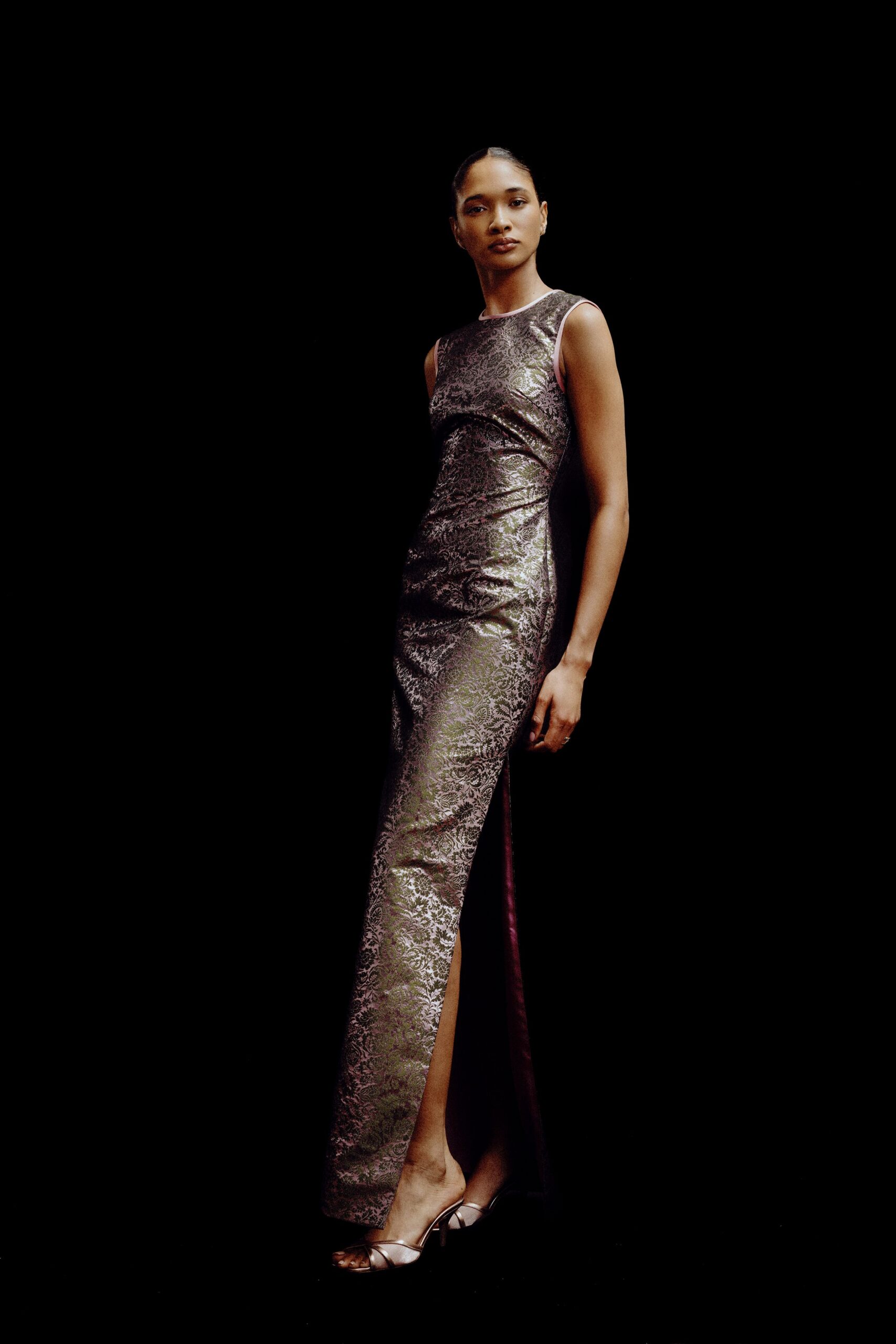 gold silk sleeveless high-neck fitted embellished shiny gown