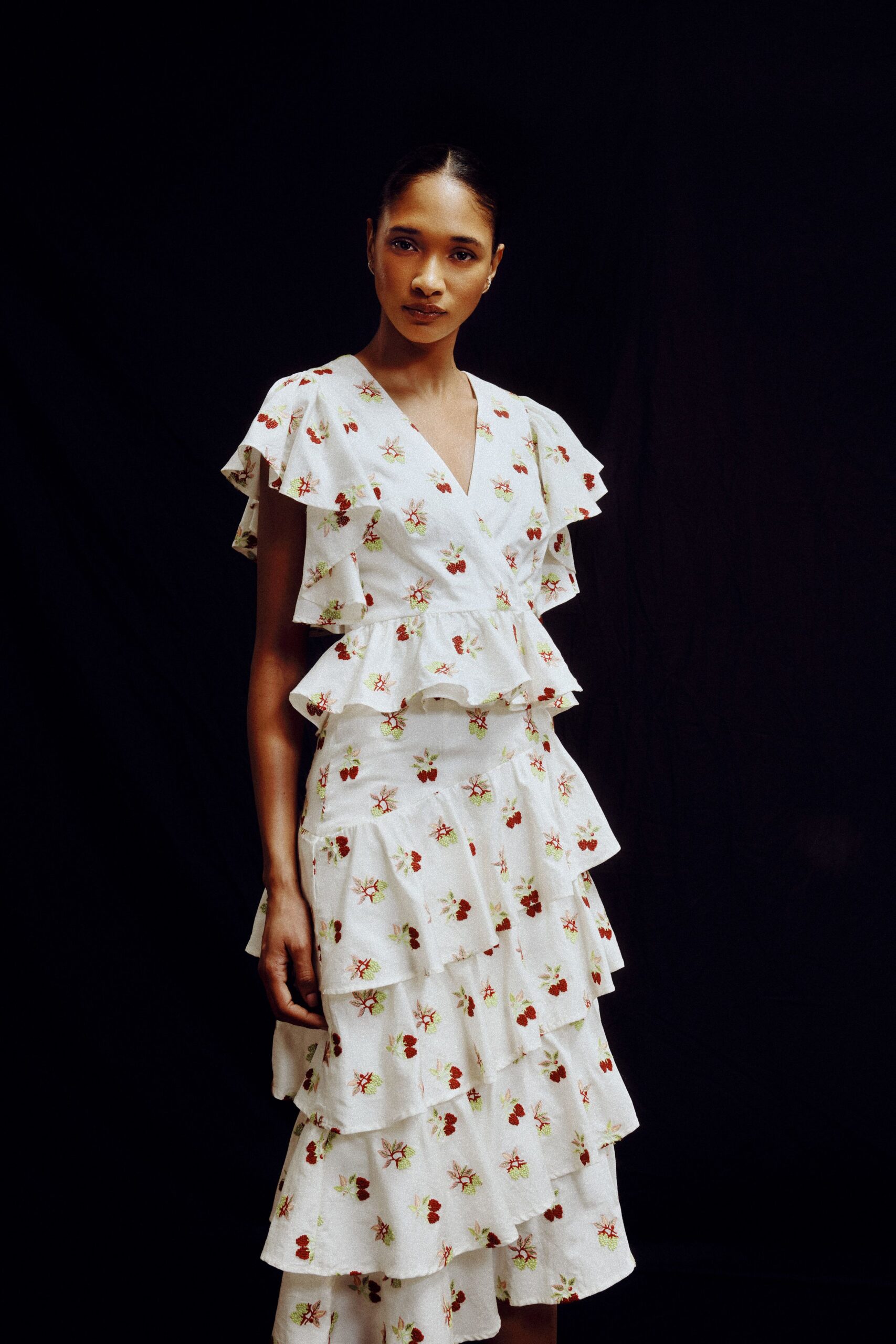 white floral tiered midi dress