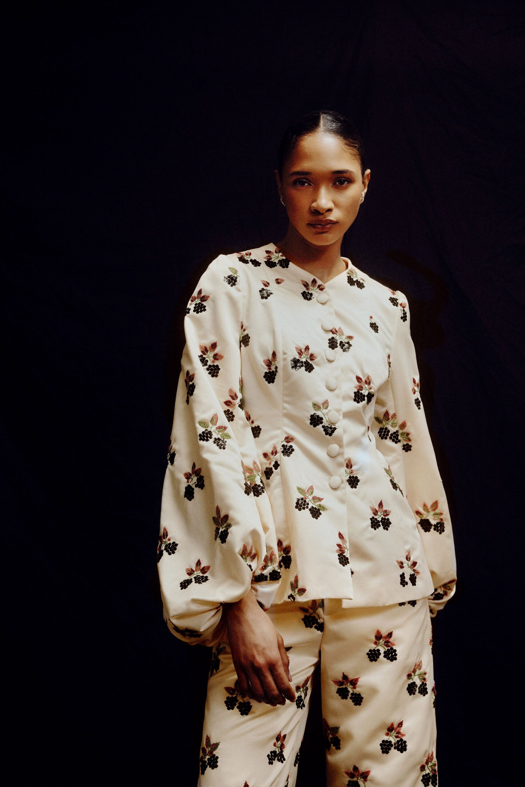 beige cotton long-sleeve collared fitted embroidered blouse