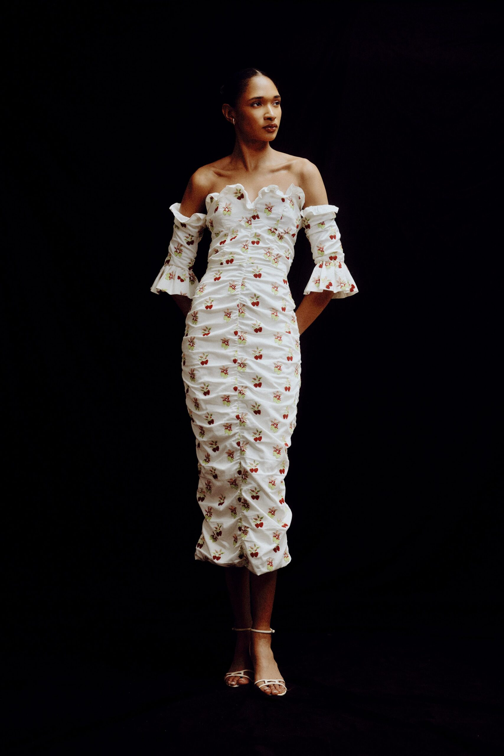 white cotton off-shoulder short-sleeve fitted ruched embroidered dress
