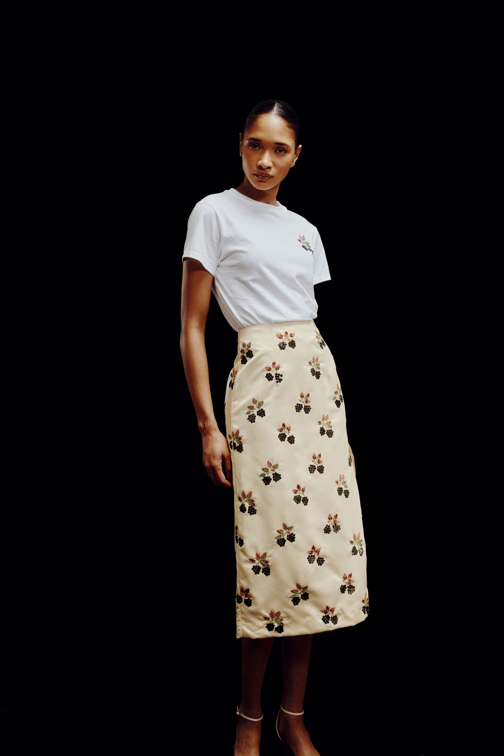 beige cotton fitted flared midi skirt