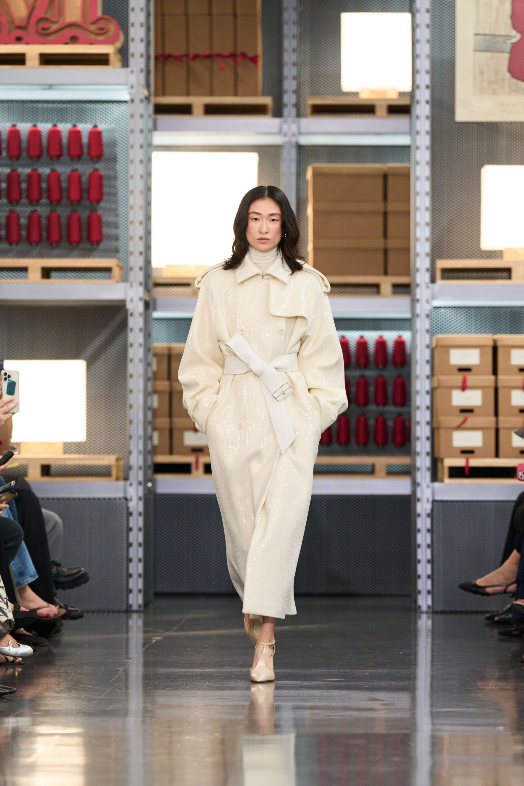 white wool long-sleeve collared fitted belted zippered coat