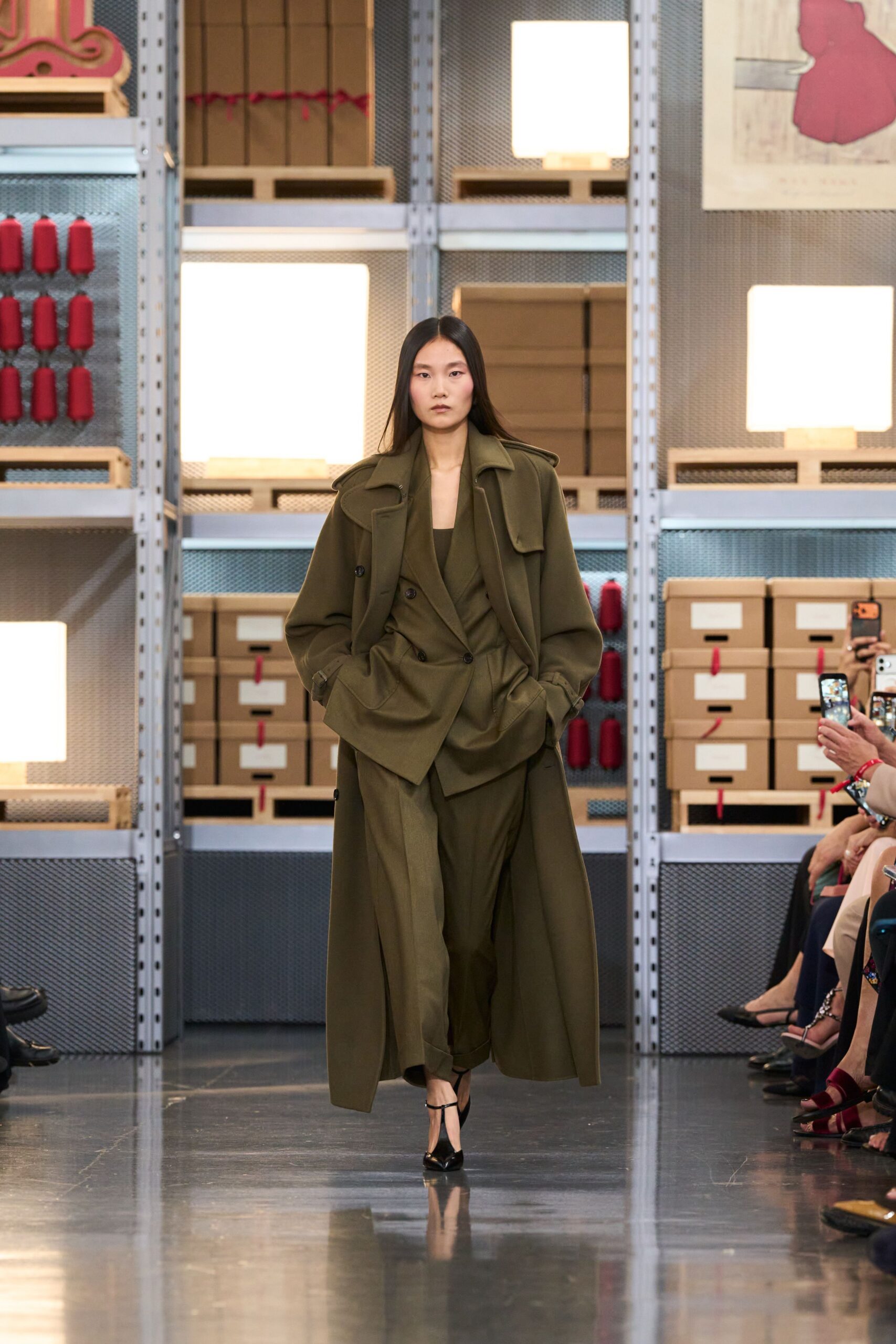 green long-sleeve collared relaxed belted maxi coat