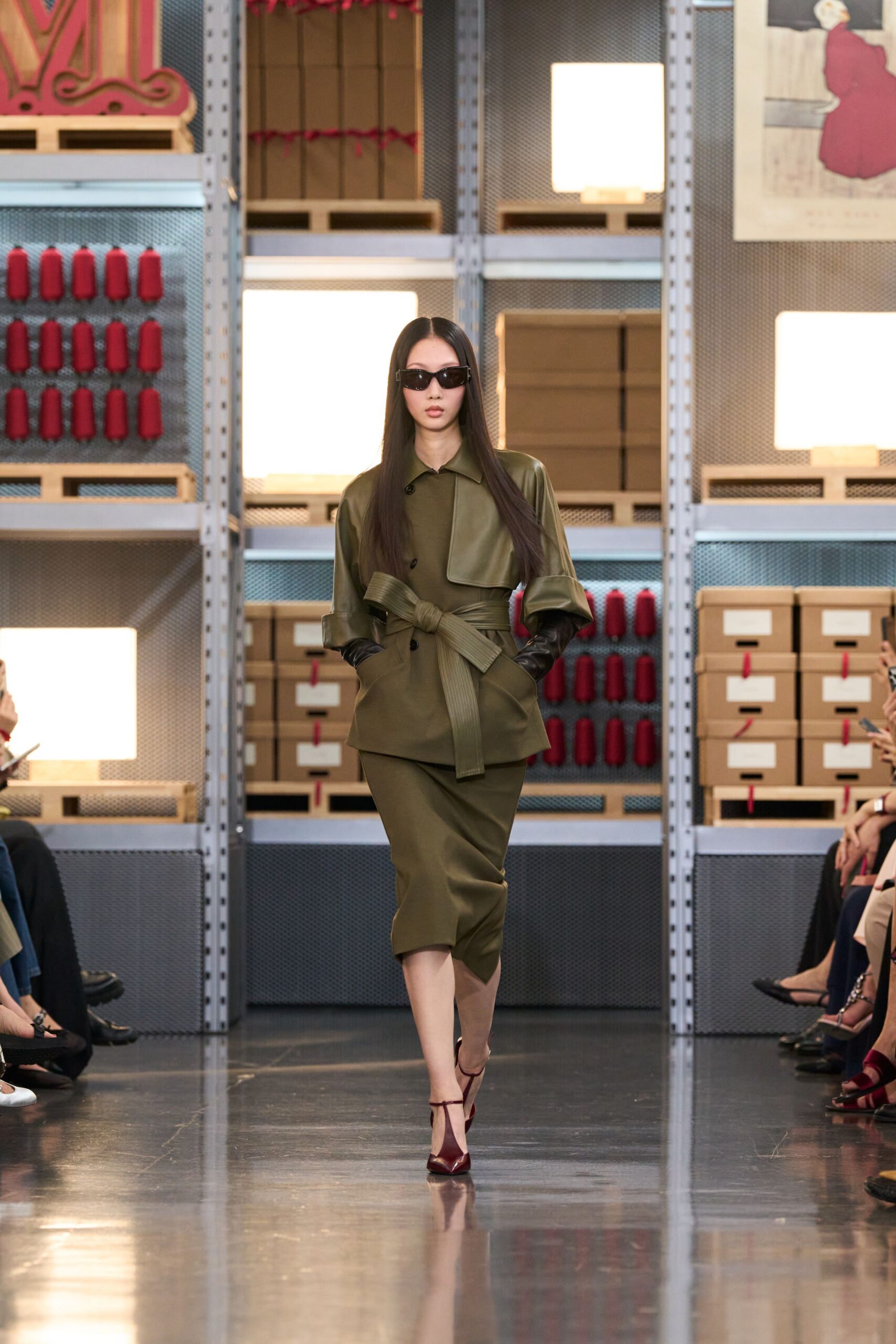green silk long-sleeve collared fitted belted midi dress