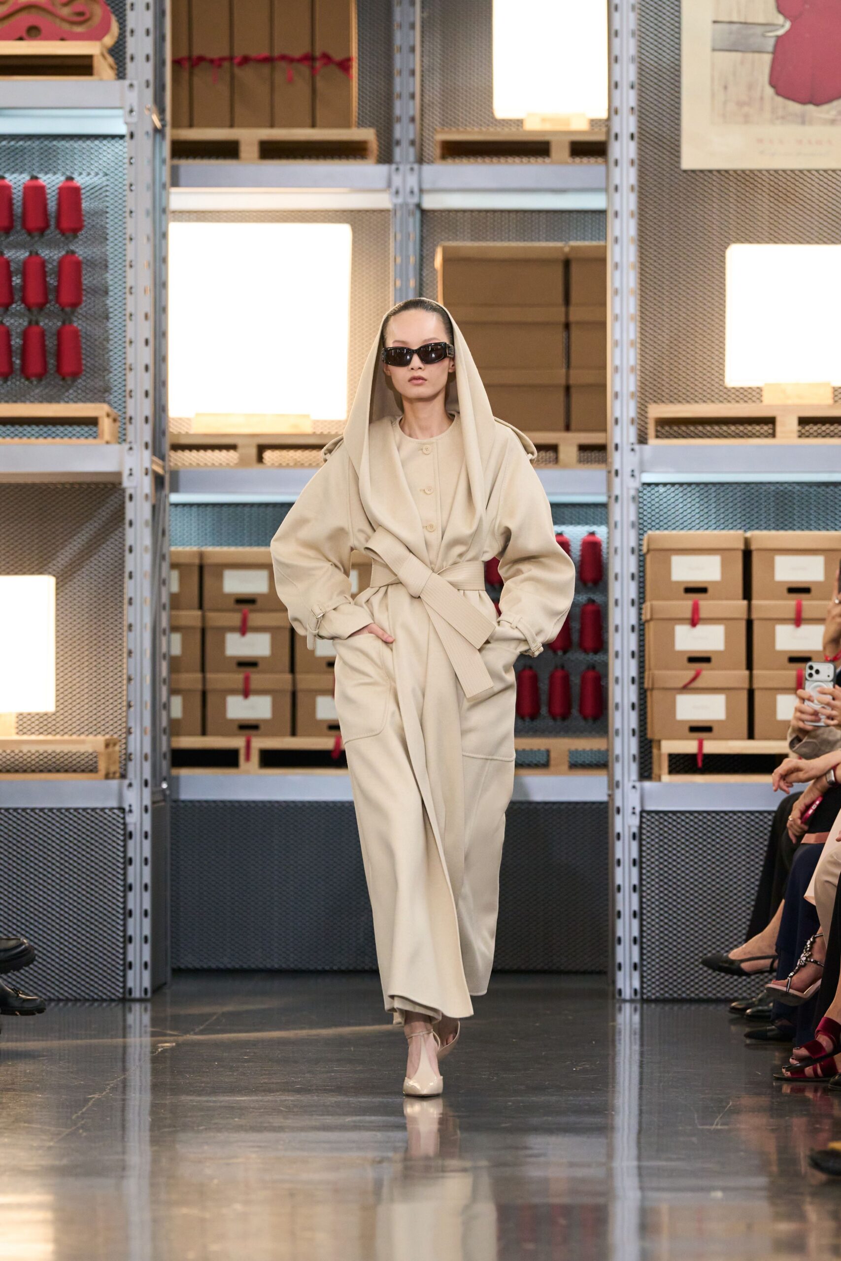 beige wool long-sleeve collared relaxed belted coat