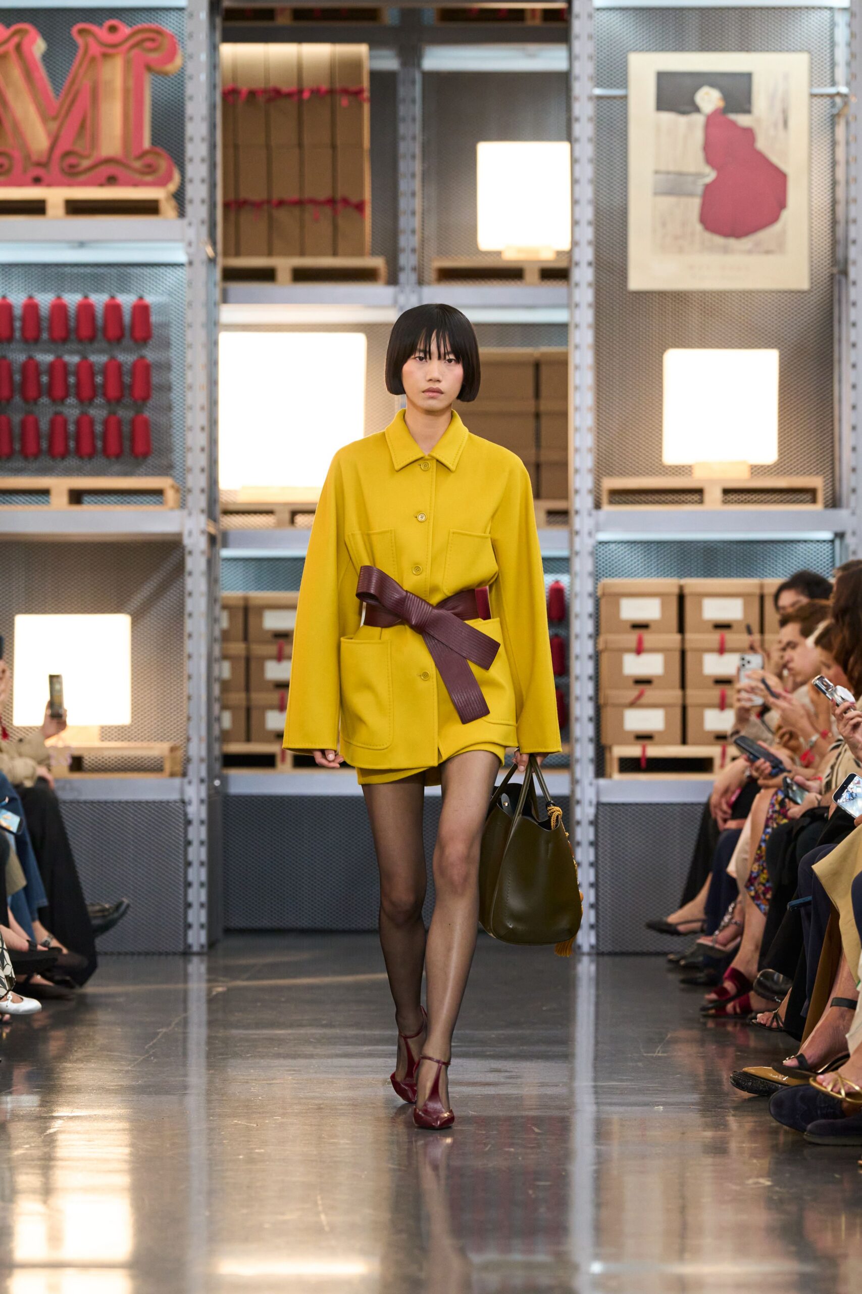 yellow cotton long-sleeve collared relaxed belted jacket