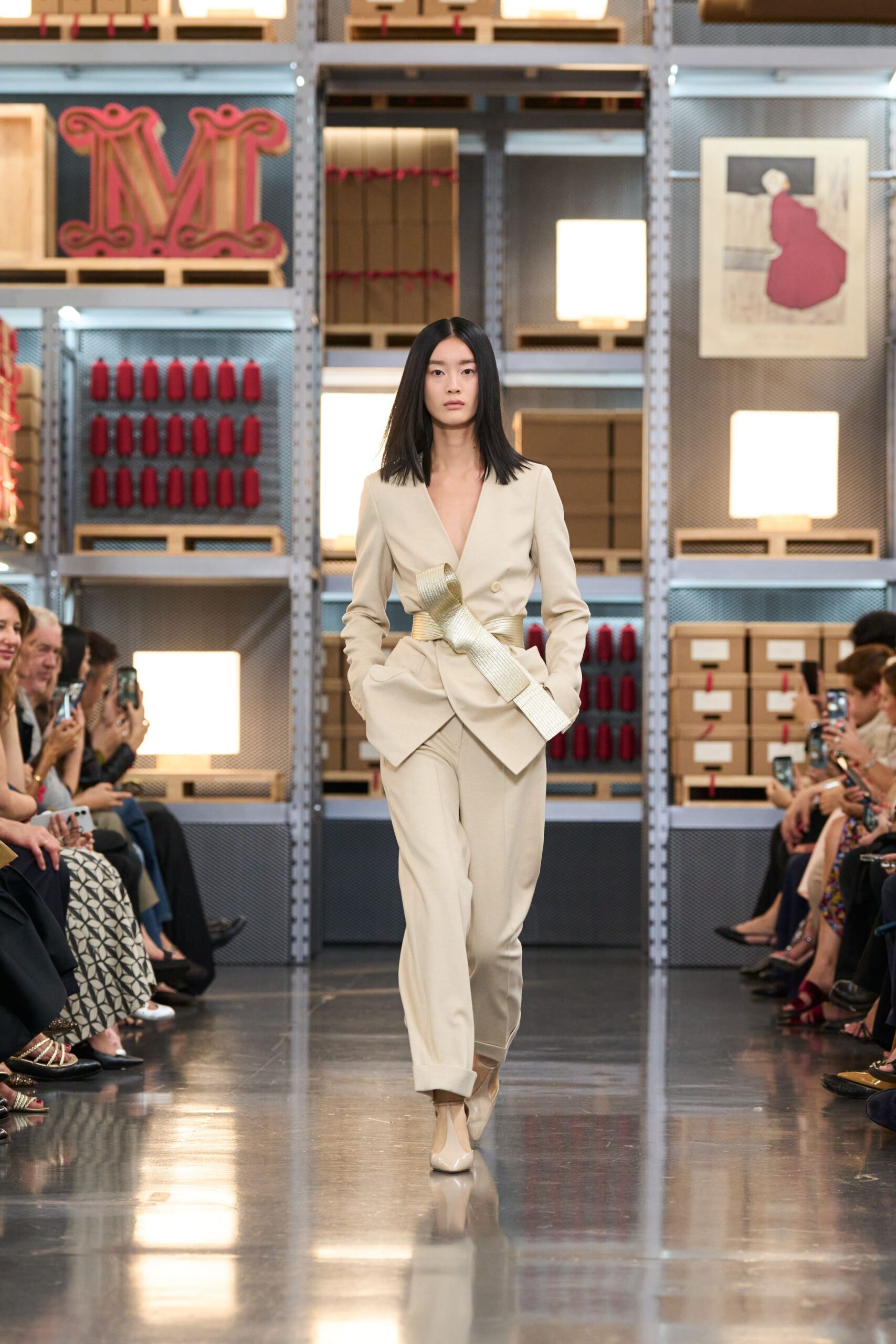 beige cotton long-sleeve collared tailored buttoned belted suit