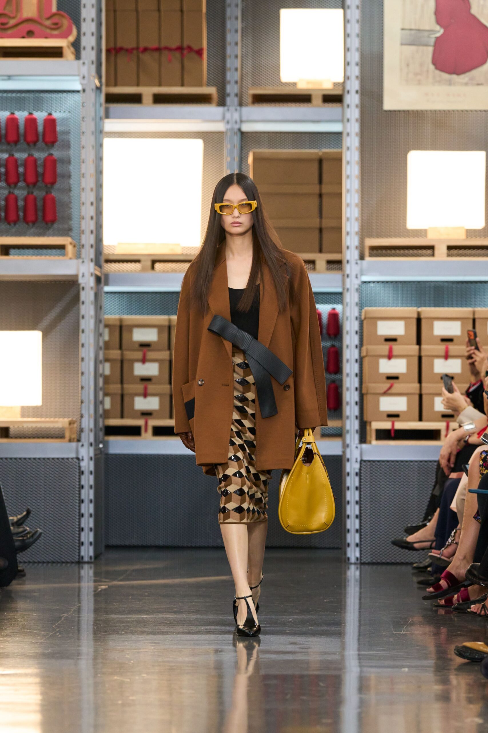 brown wool long-sleeve collared relaxed belted coat