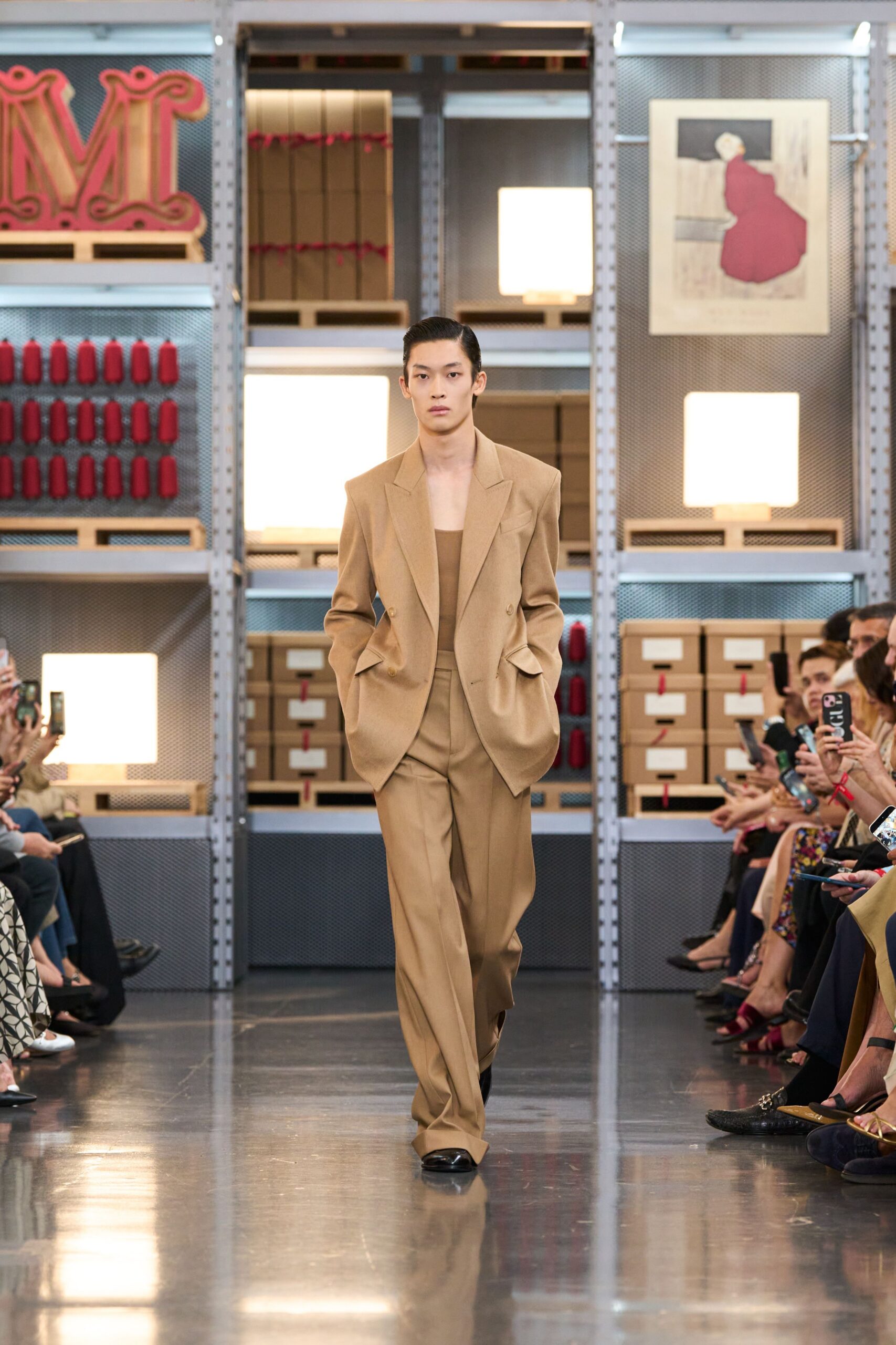 beige wool long-sleeve collared tailored buttoned suit