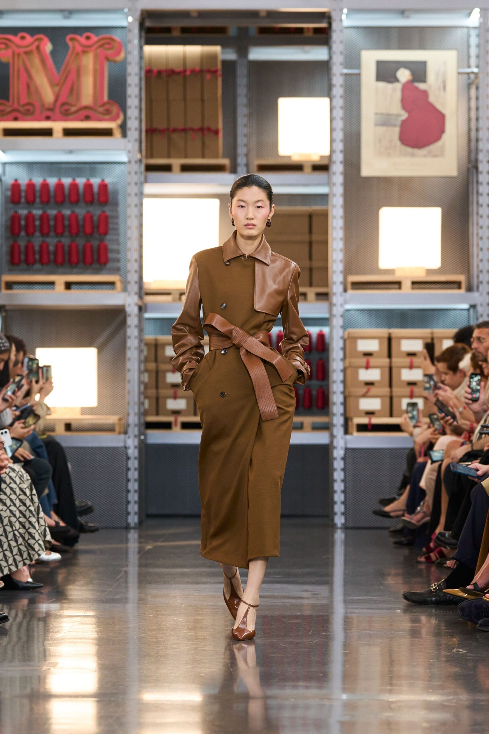 brown cotton long-sleeve collared fitted belted midi dress