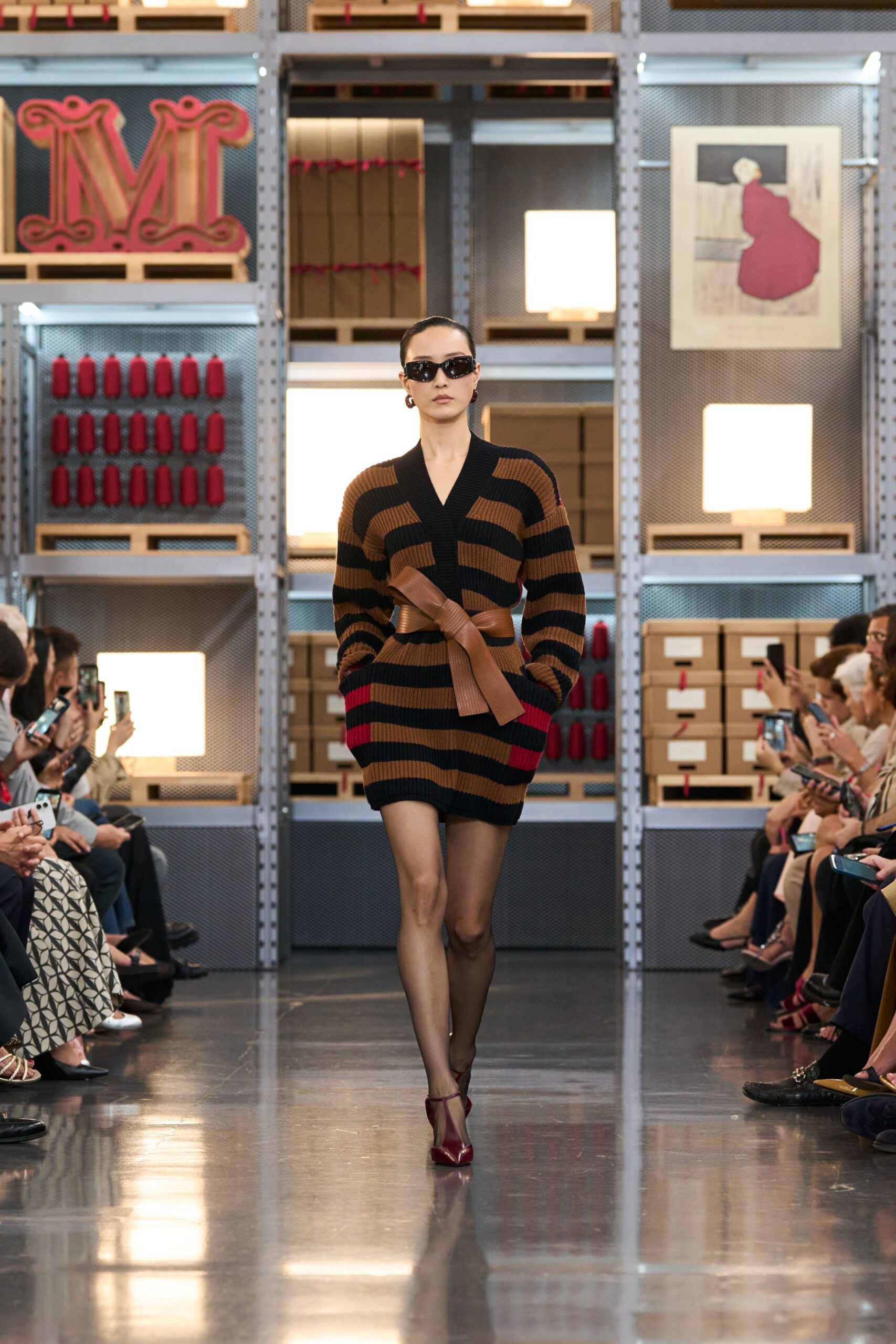 brown cotton long-sleeve v-neck fitted striped belted dress