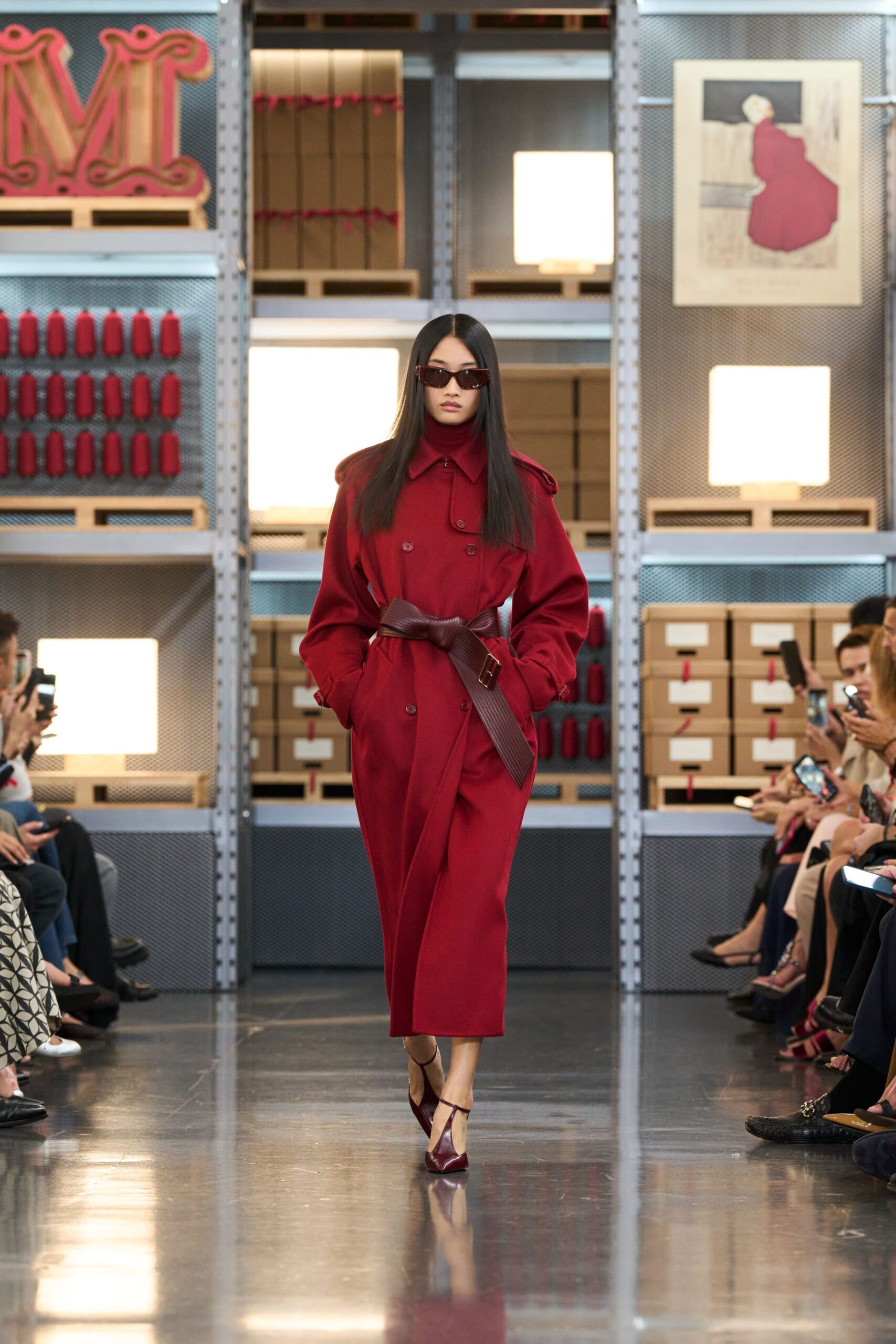 red wool long-sleeve collared fitted belted midi coat