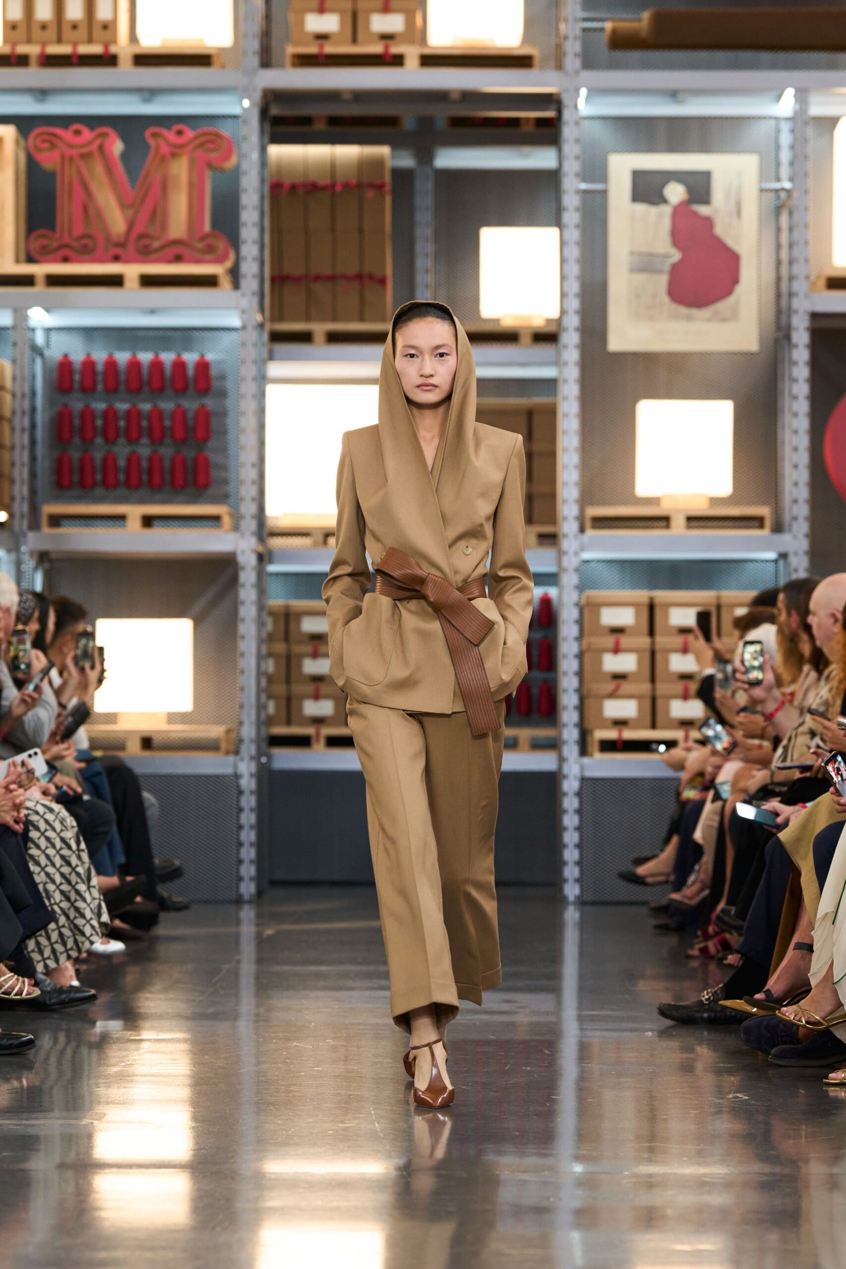 beige wool long-sleeve collared tailored zippered belted suit