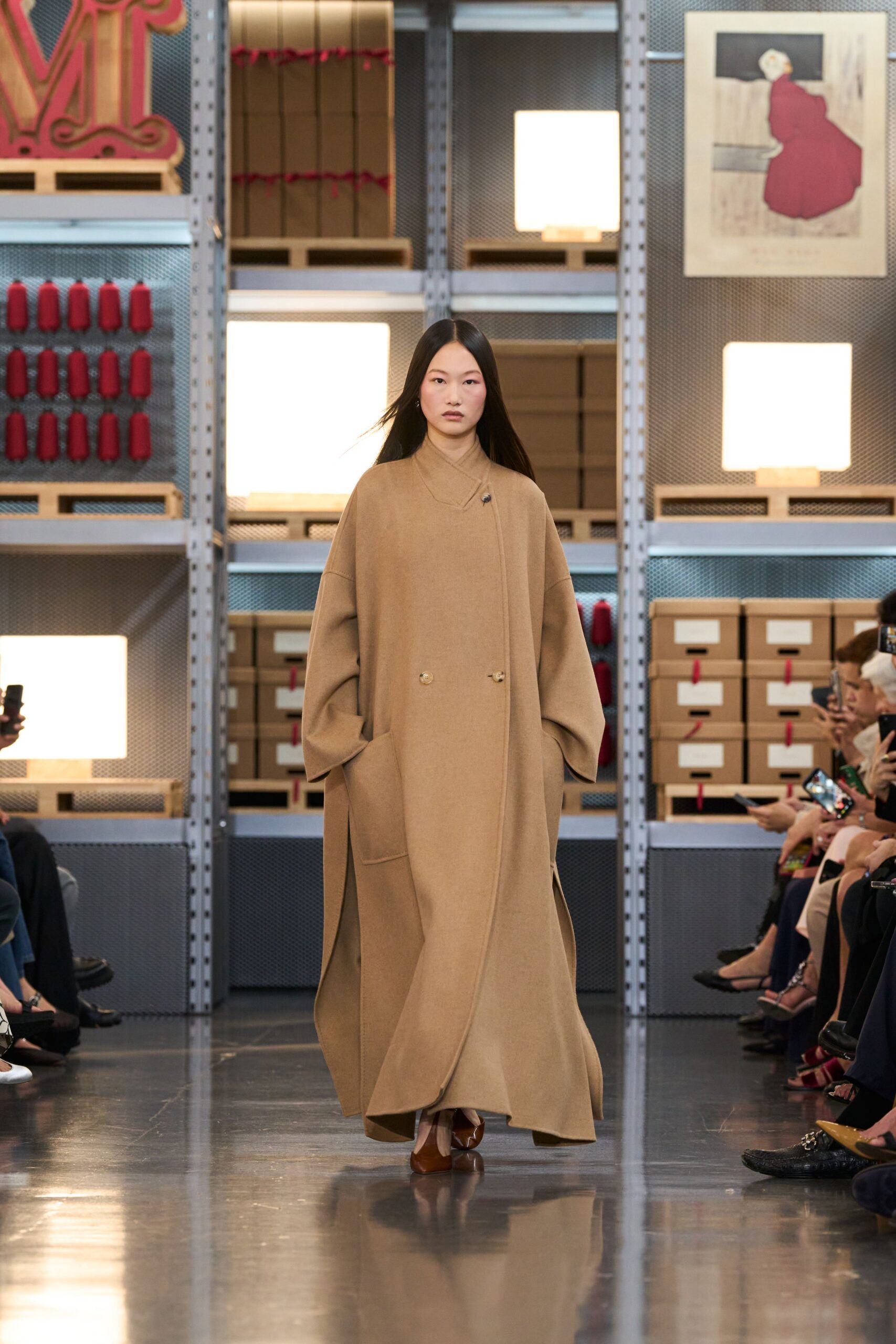beige wool long-sleeve collared oversized maxi coat
